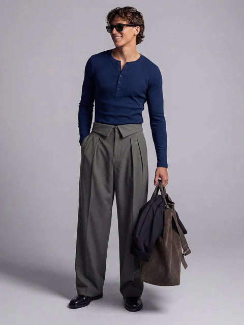 Royal Blue Ribbed Henley Long Sleeve T-Shirt