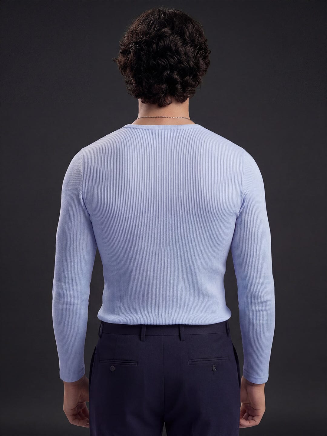 Sky Blue Ribbed Henley Long Sleeve T-Shirt