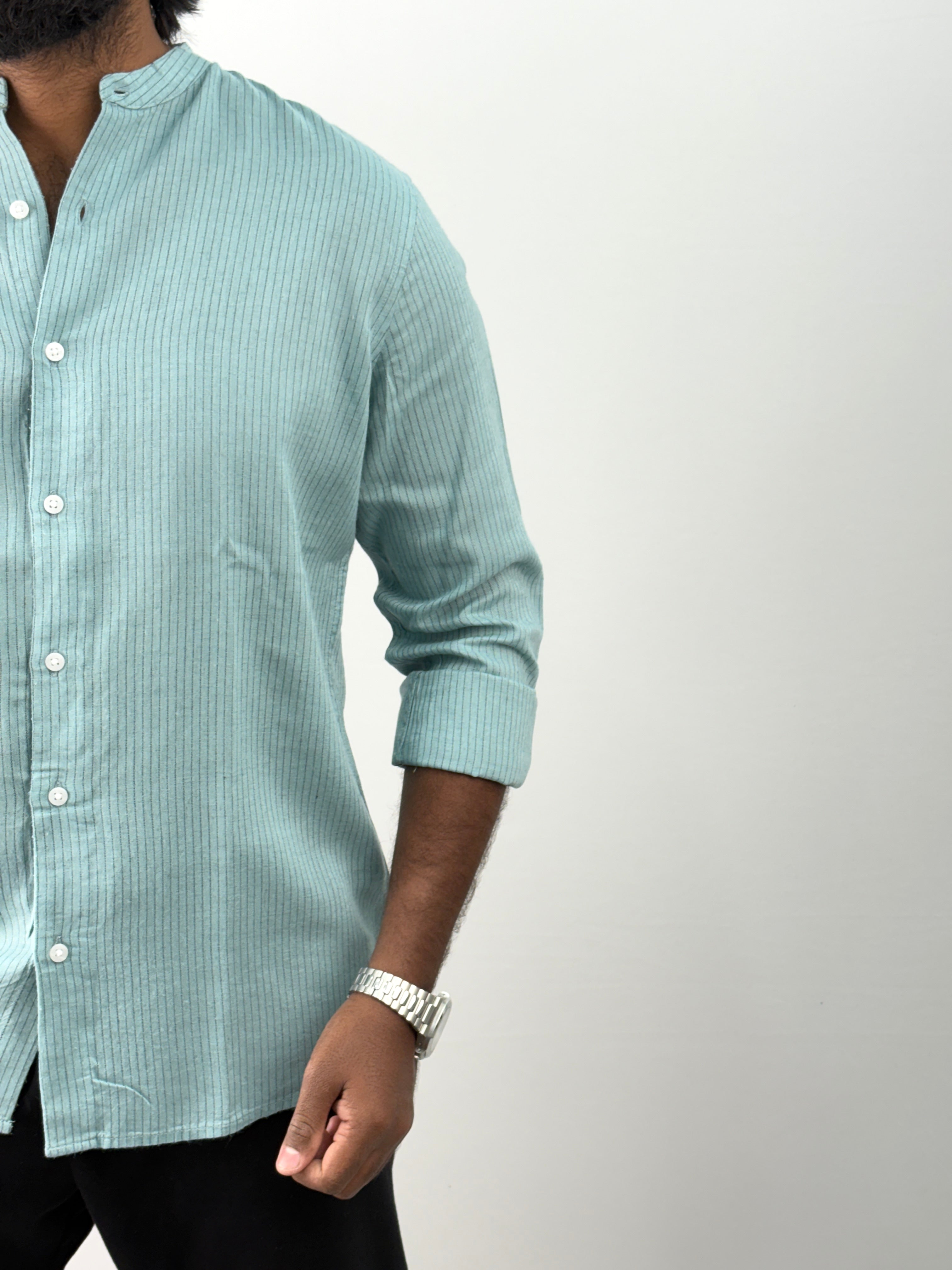 Aqua Mandarin Linen Stripe Shirt