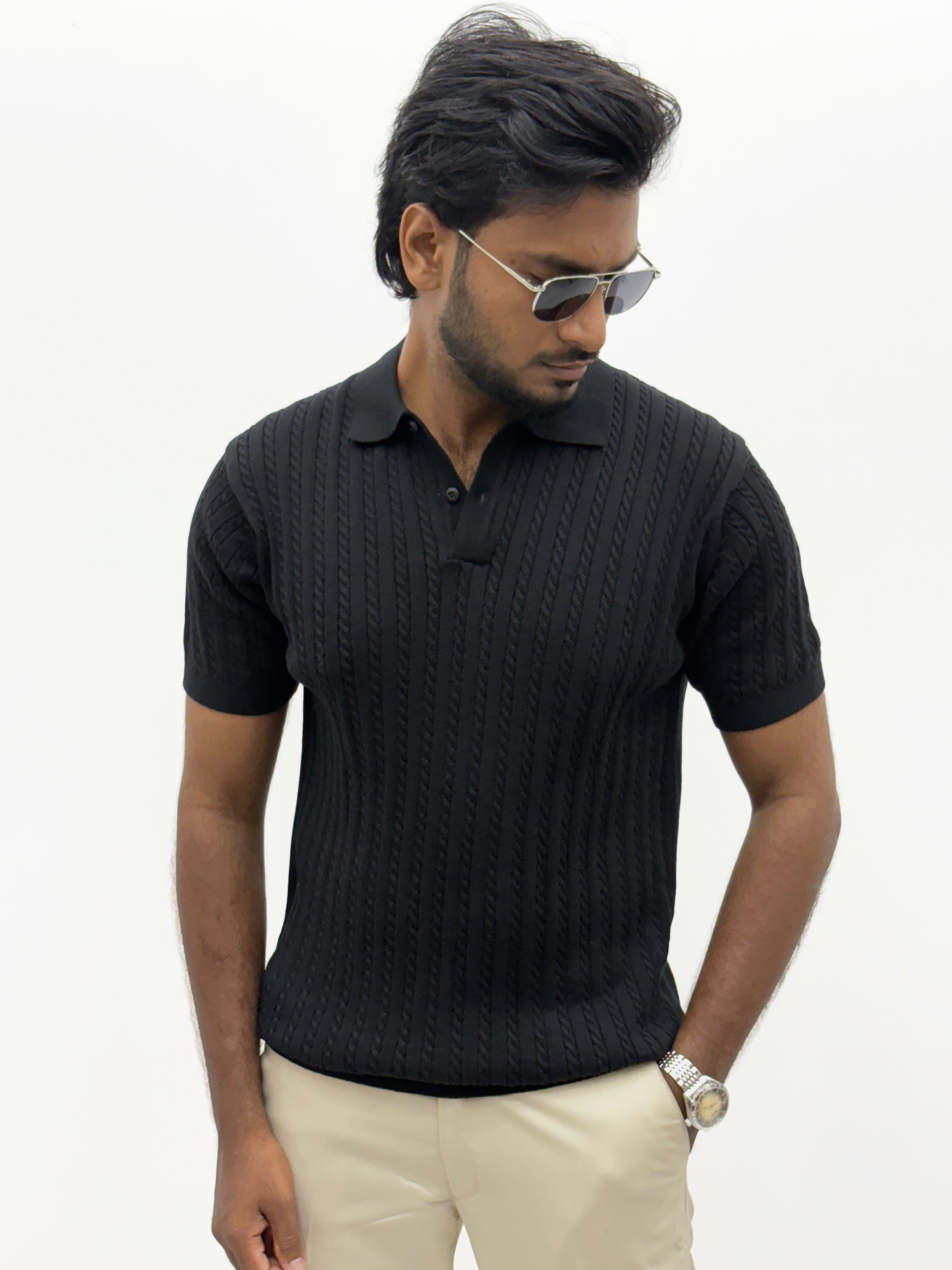 Black Textured Polo T-Shirt