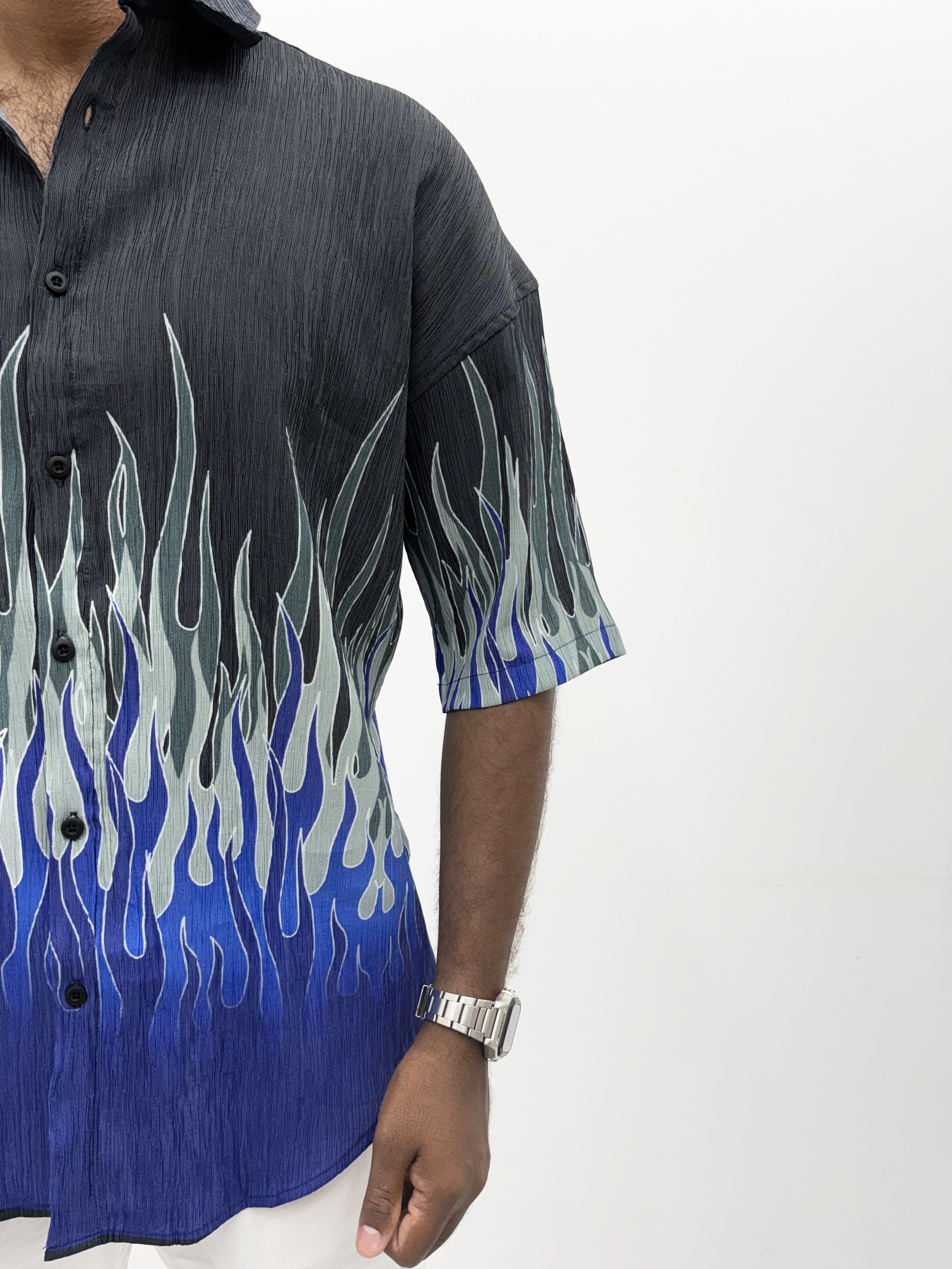 Black Blue Oversized Printed Half Sleeve Shirt
