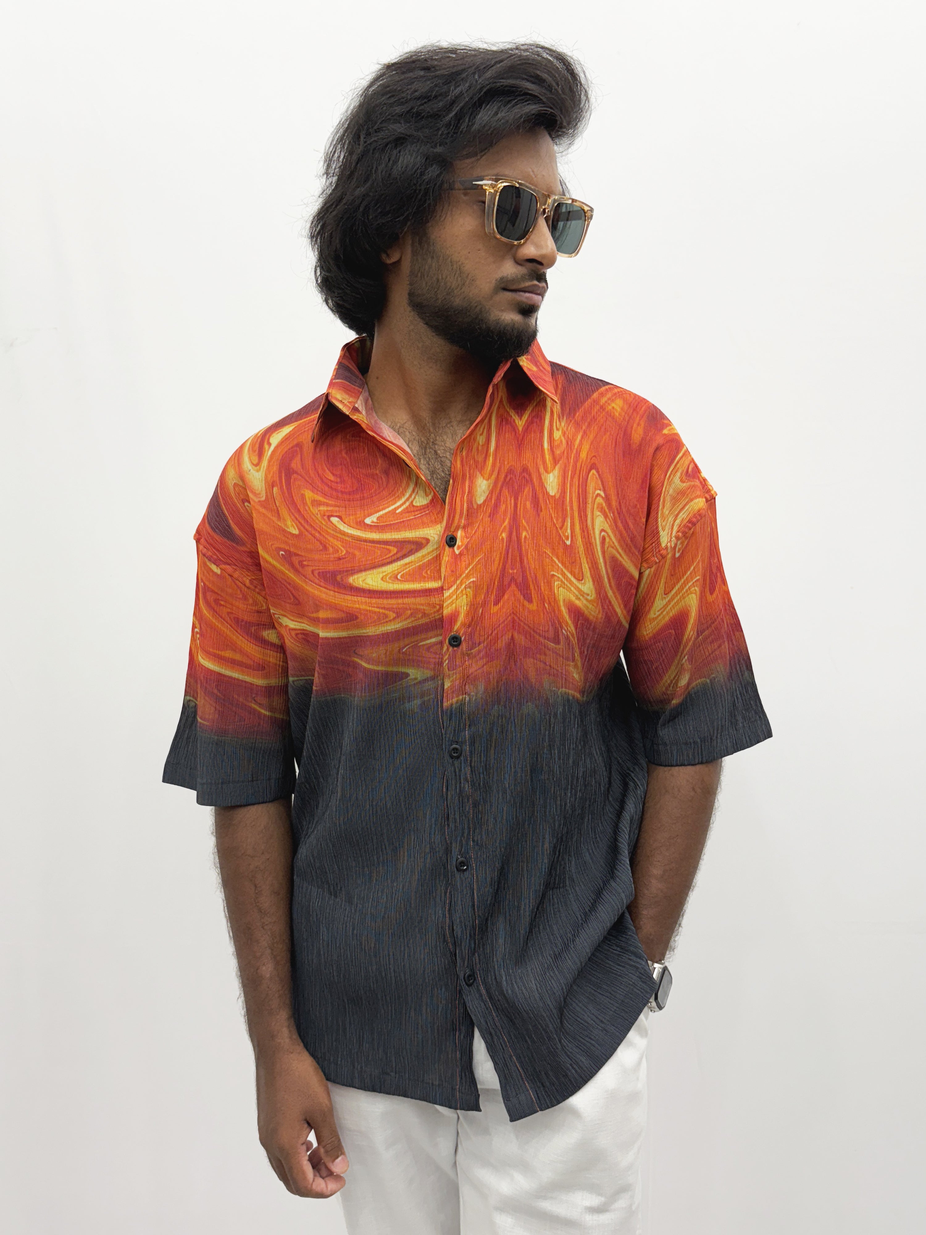 Black Orange Oversized Printed Half Sleeve Shirt