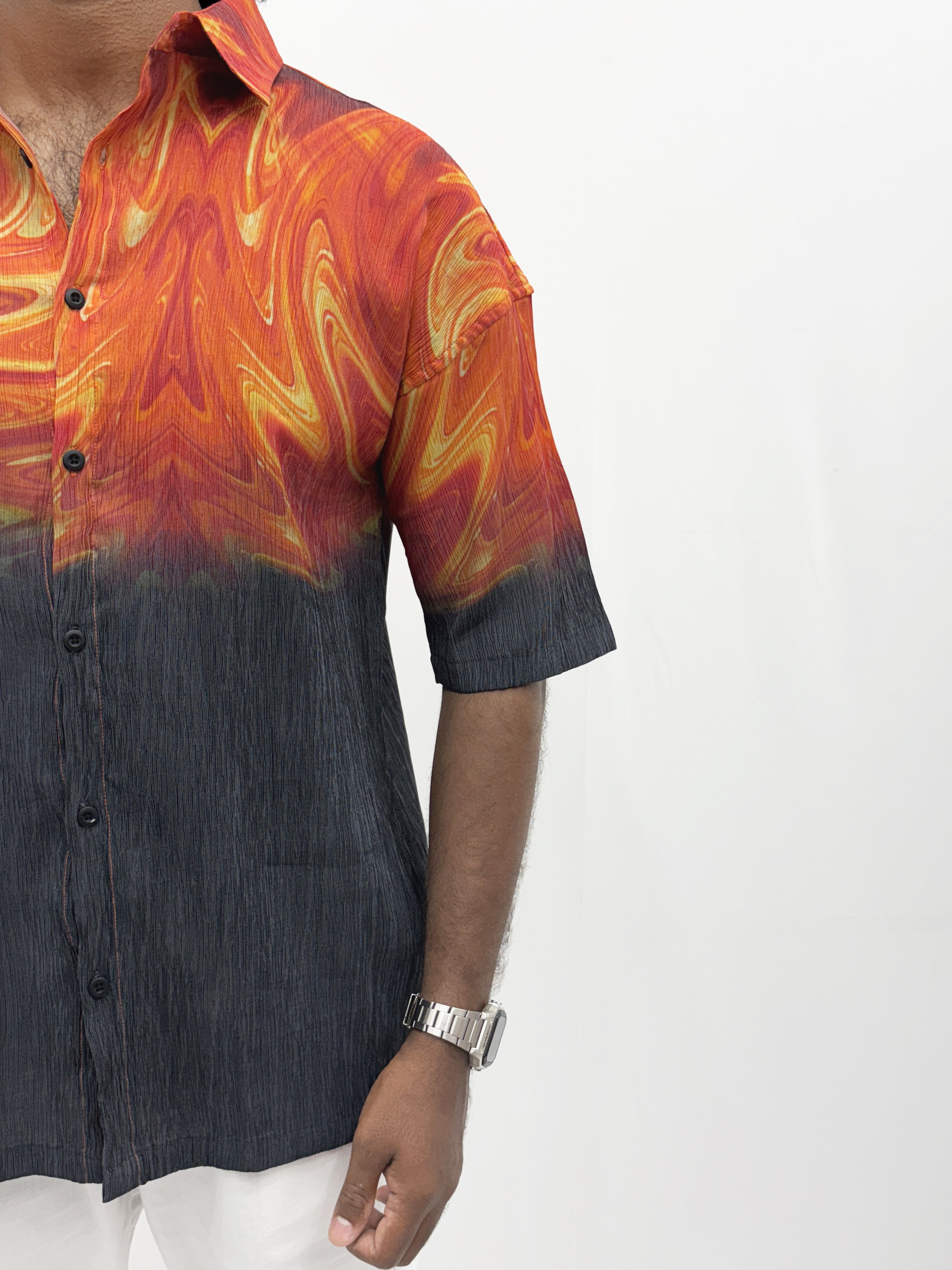 Black Orange Oversized Printed Half Sleeve Shirt