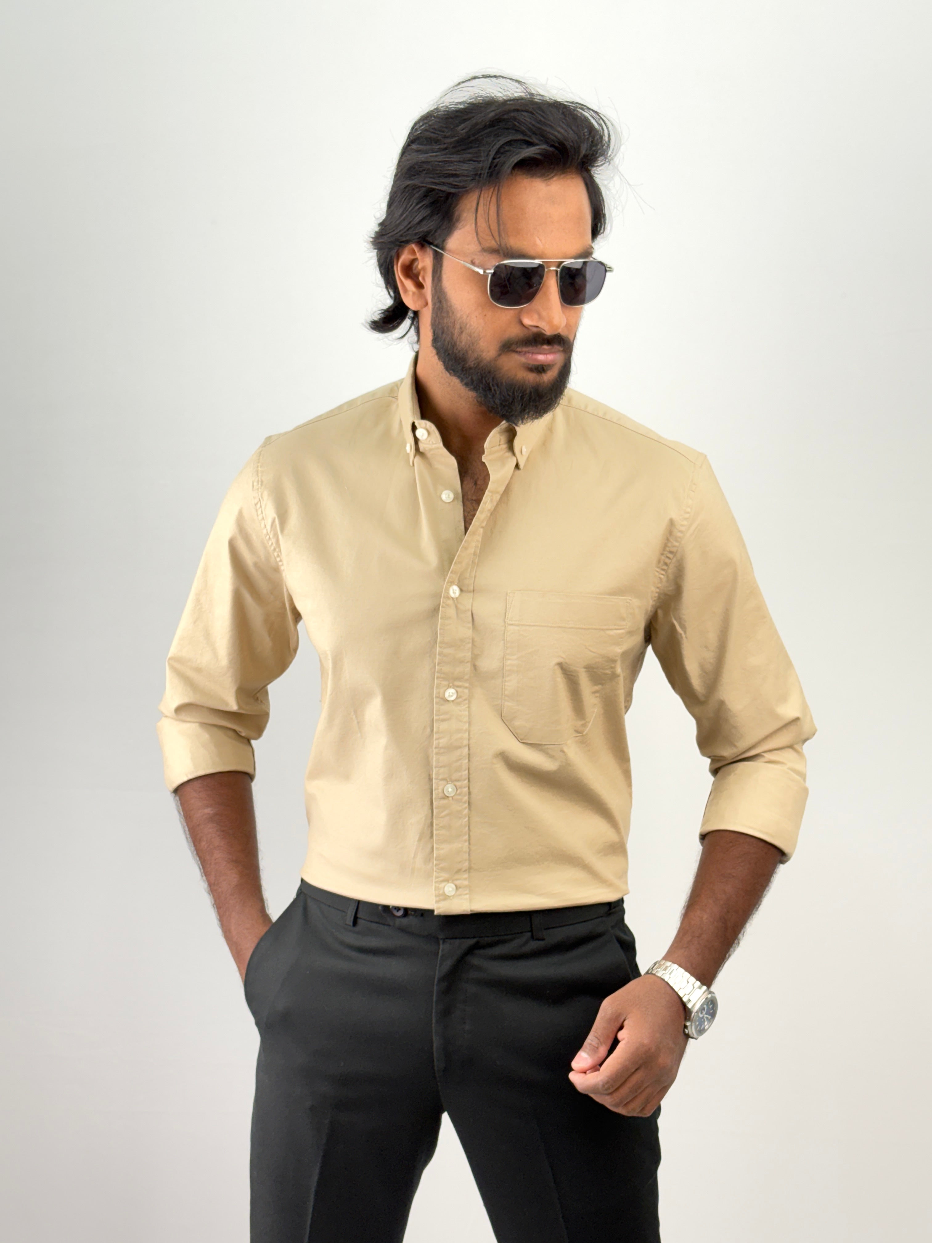 Beige Plain Oxford Shirt 4
