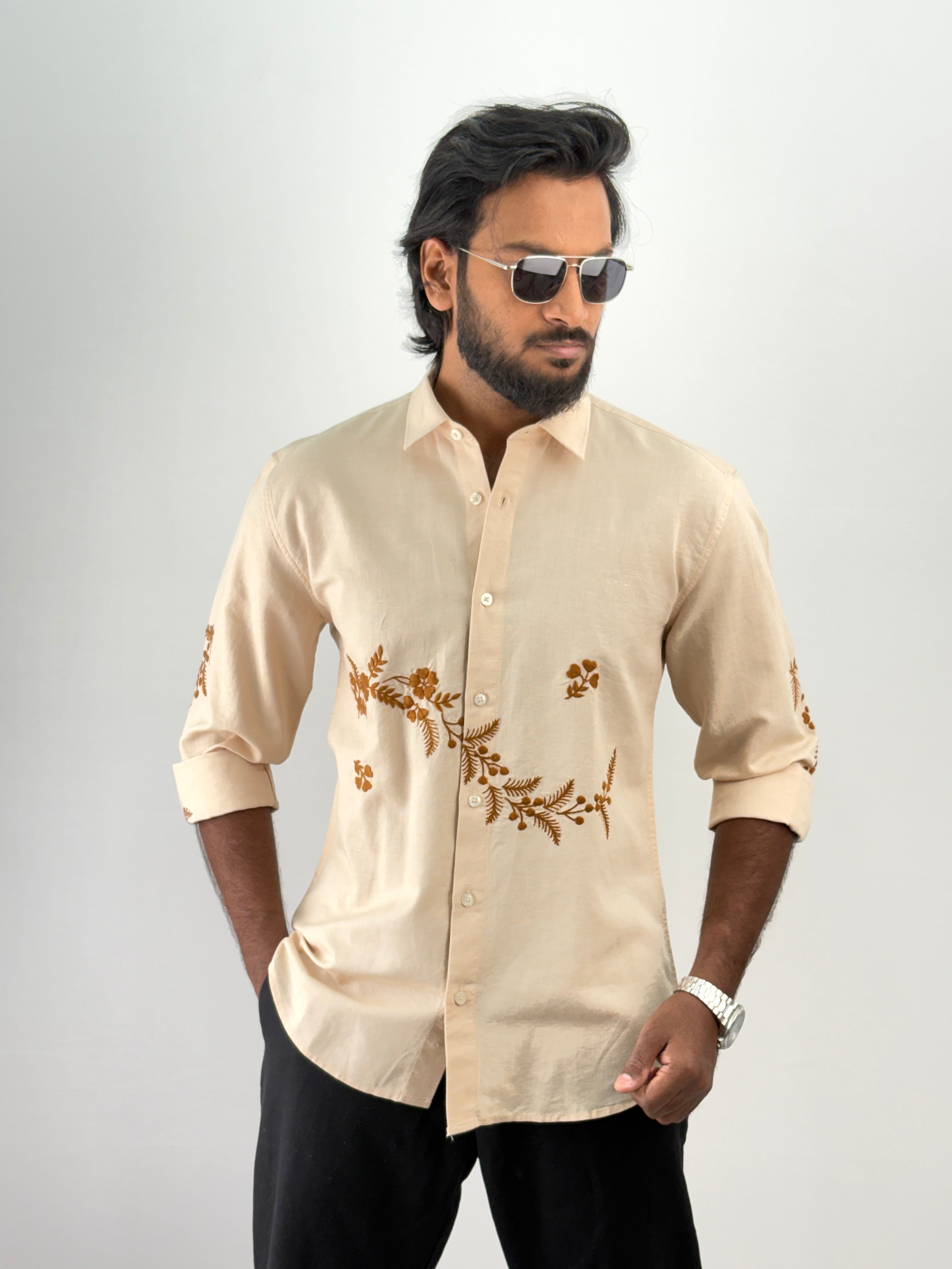 Beige Linen Embroidery Shirt