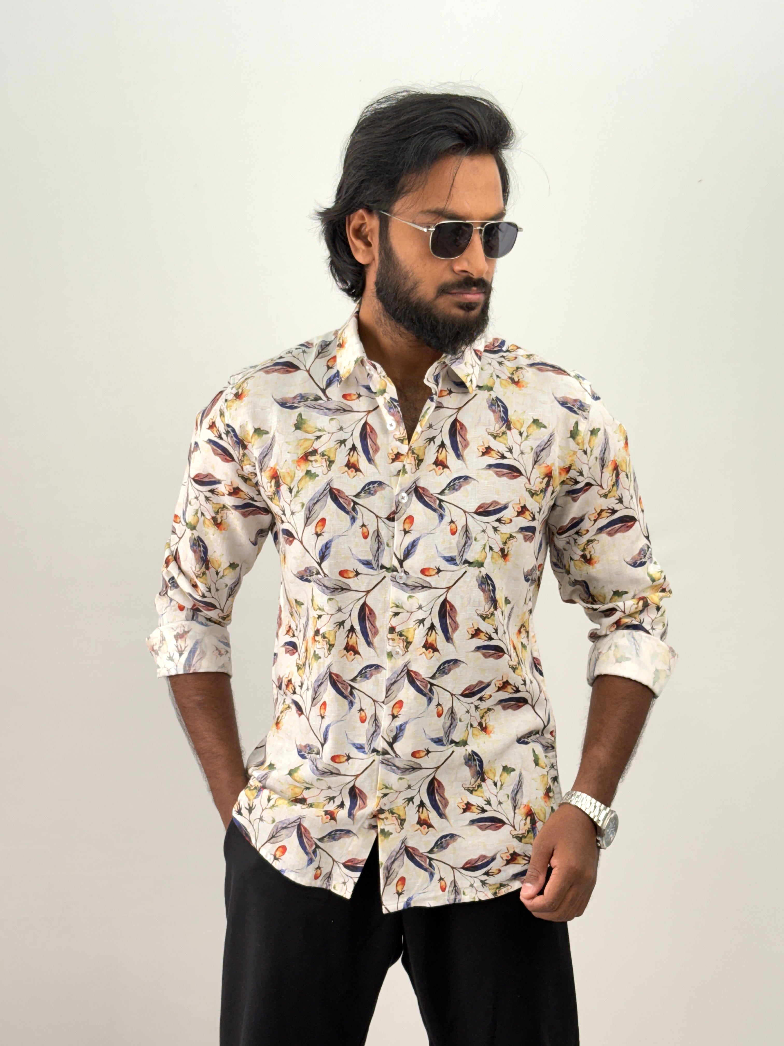 Beige Linen Printed Shirt