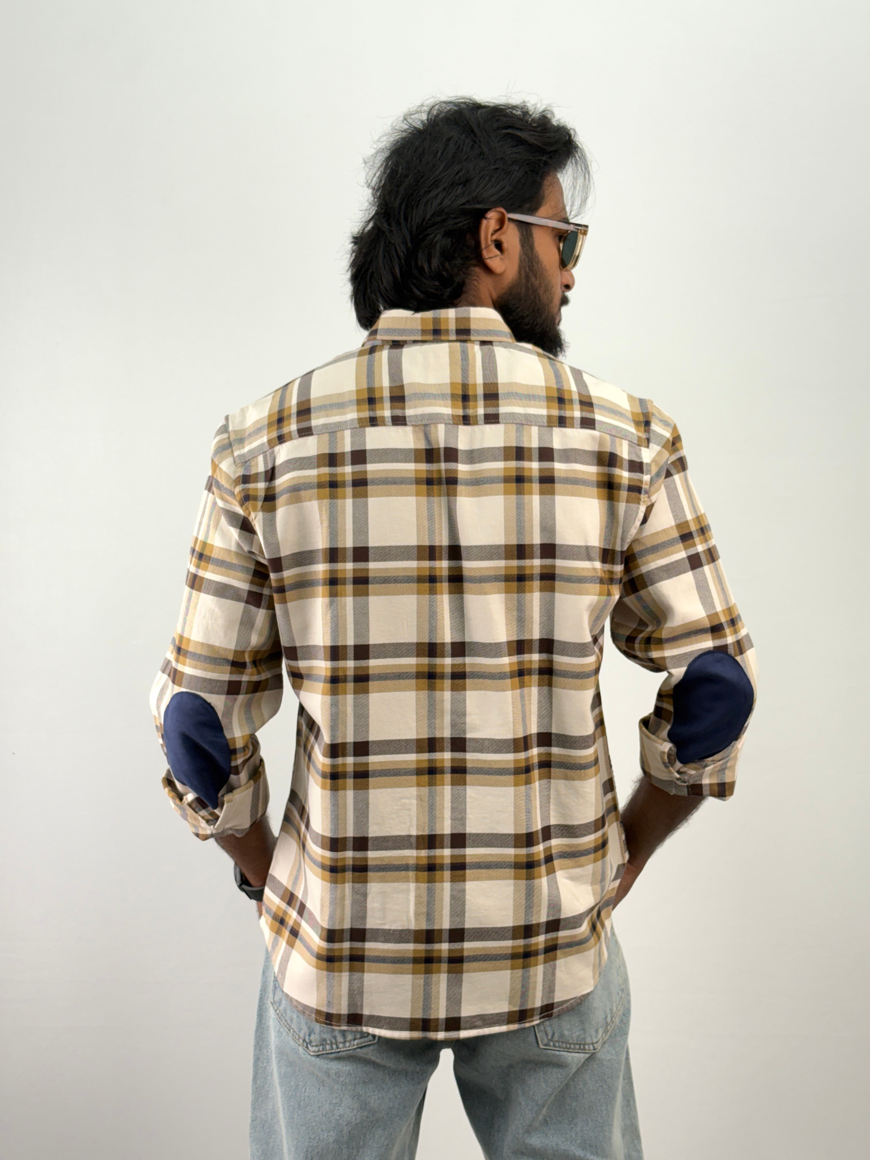 Beige Elbow Patch Flannel Shirt