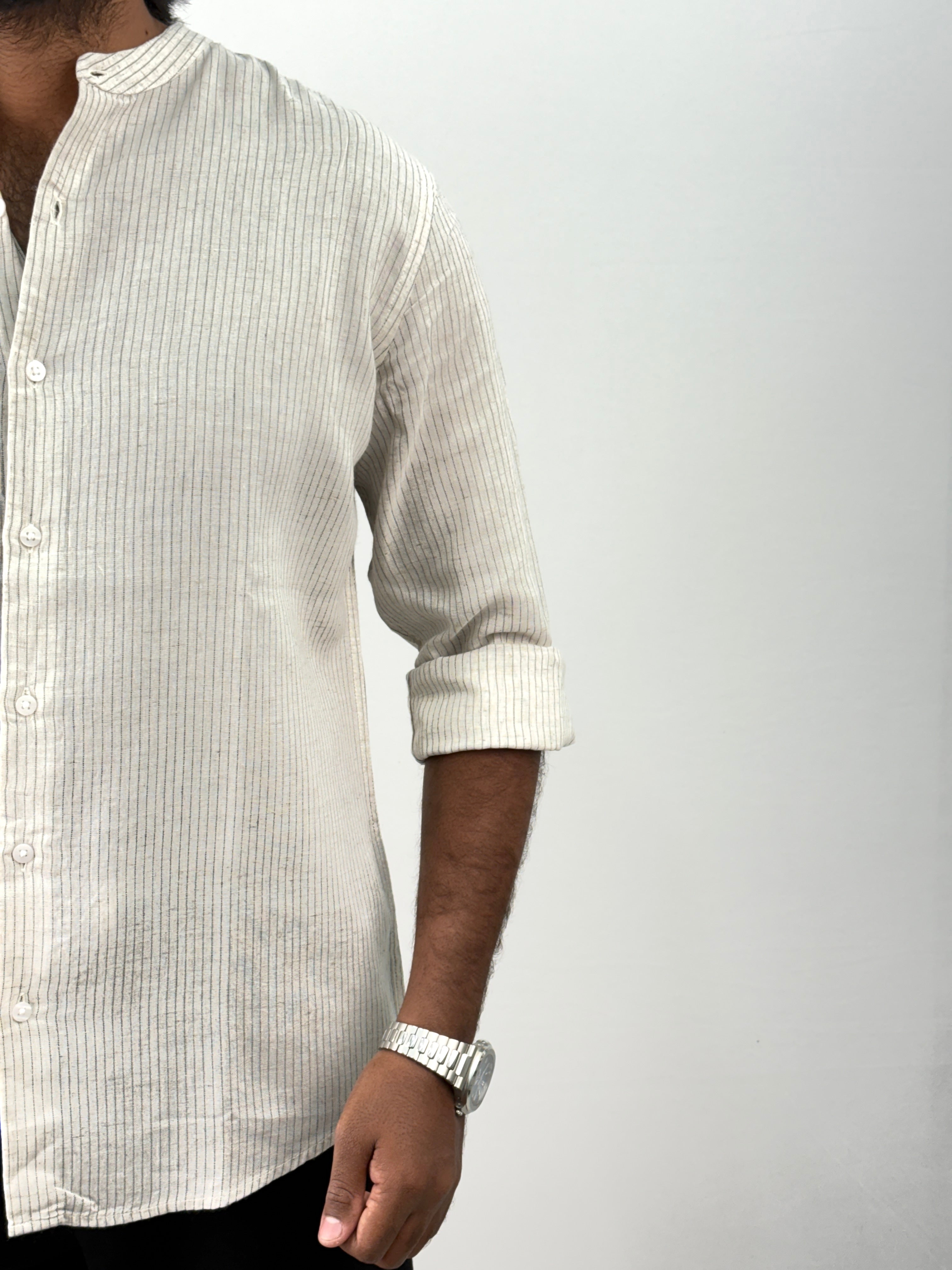 Beige Mandarin Linen Stripe Shirt
