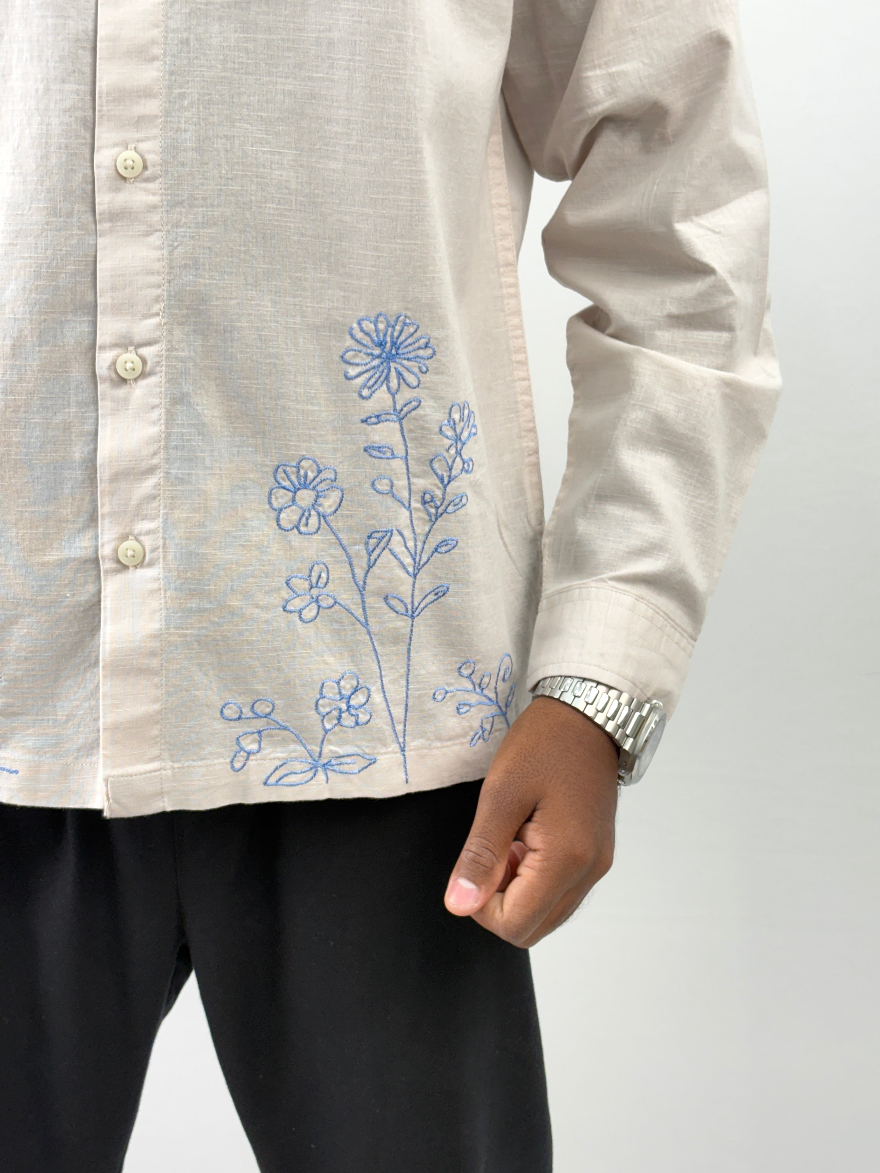 Beige Linen Embroidery Shirt