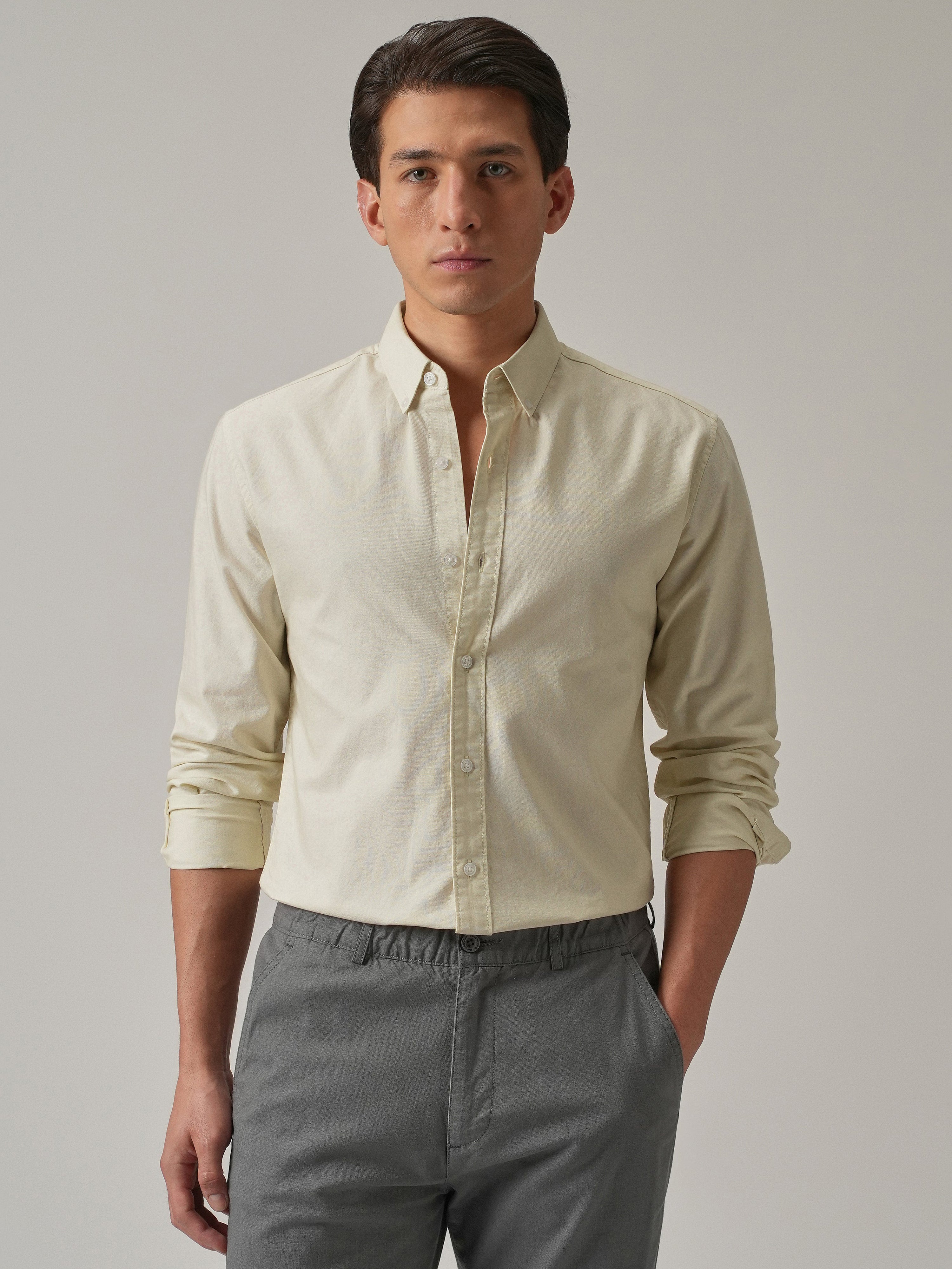 Beige Plain Elbow Patch Shirt