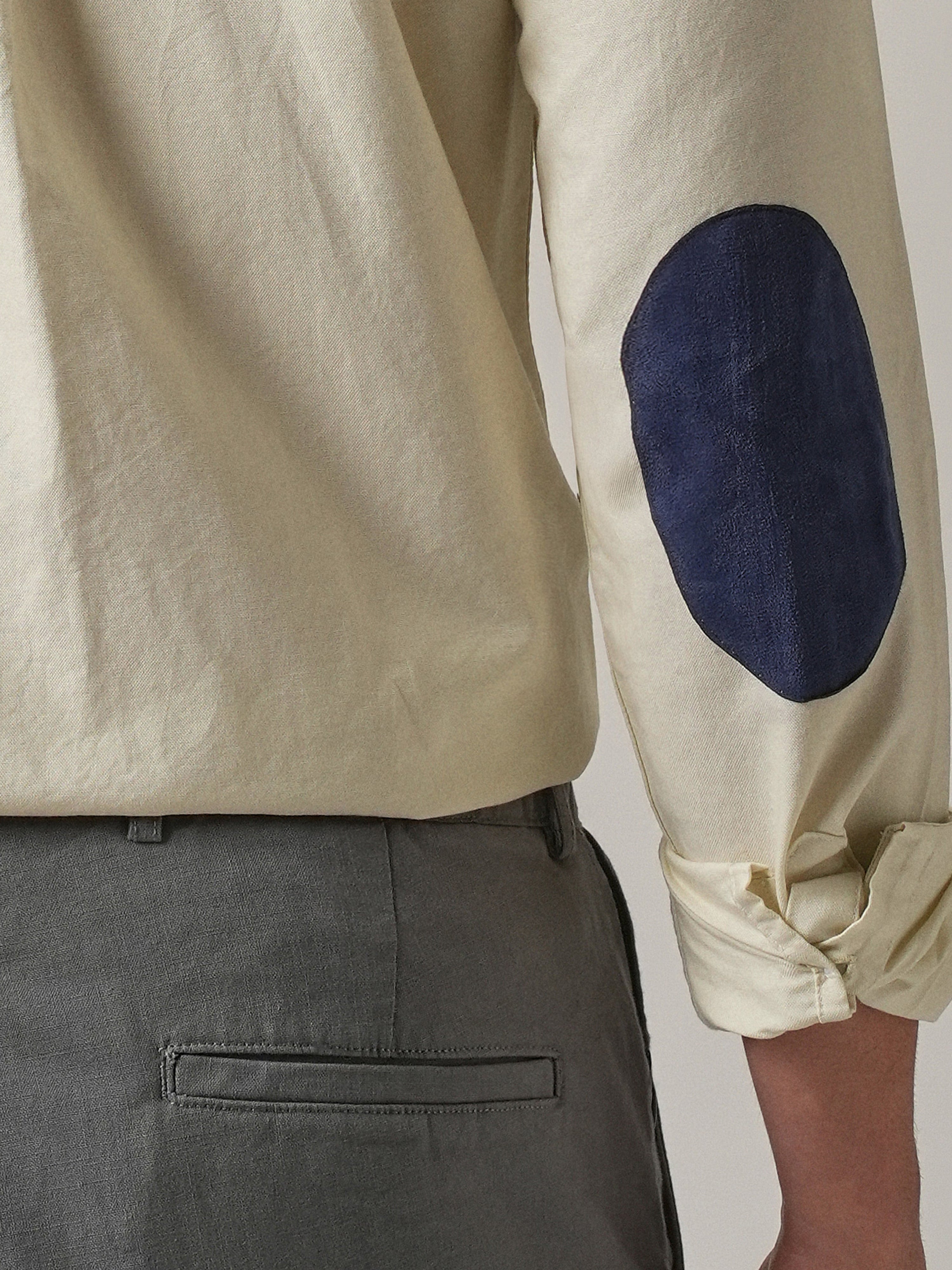 Beige Plain Elbow Patch Shirt