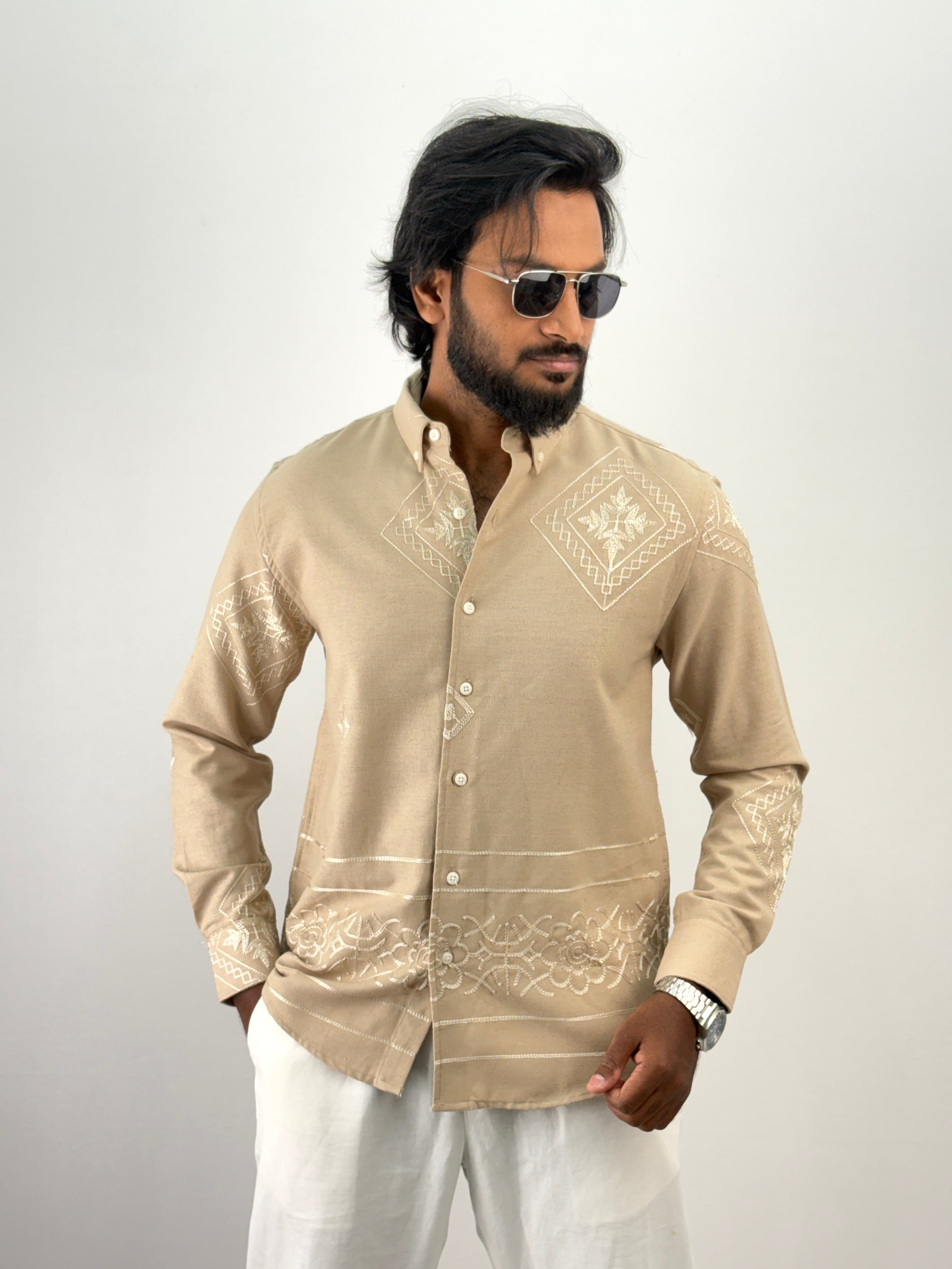 Beige Linen Embroidery Shirt 1