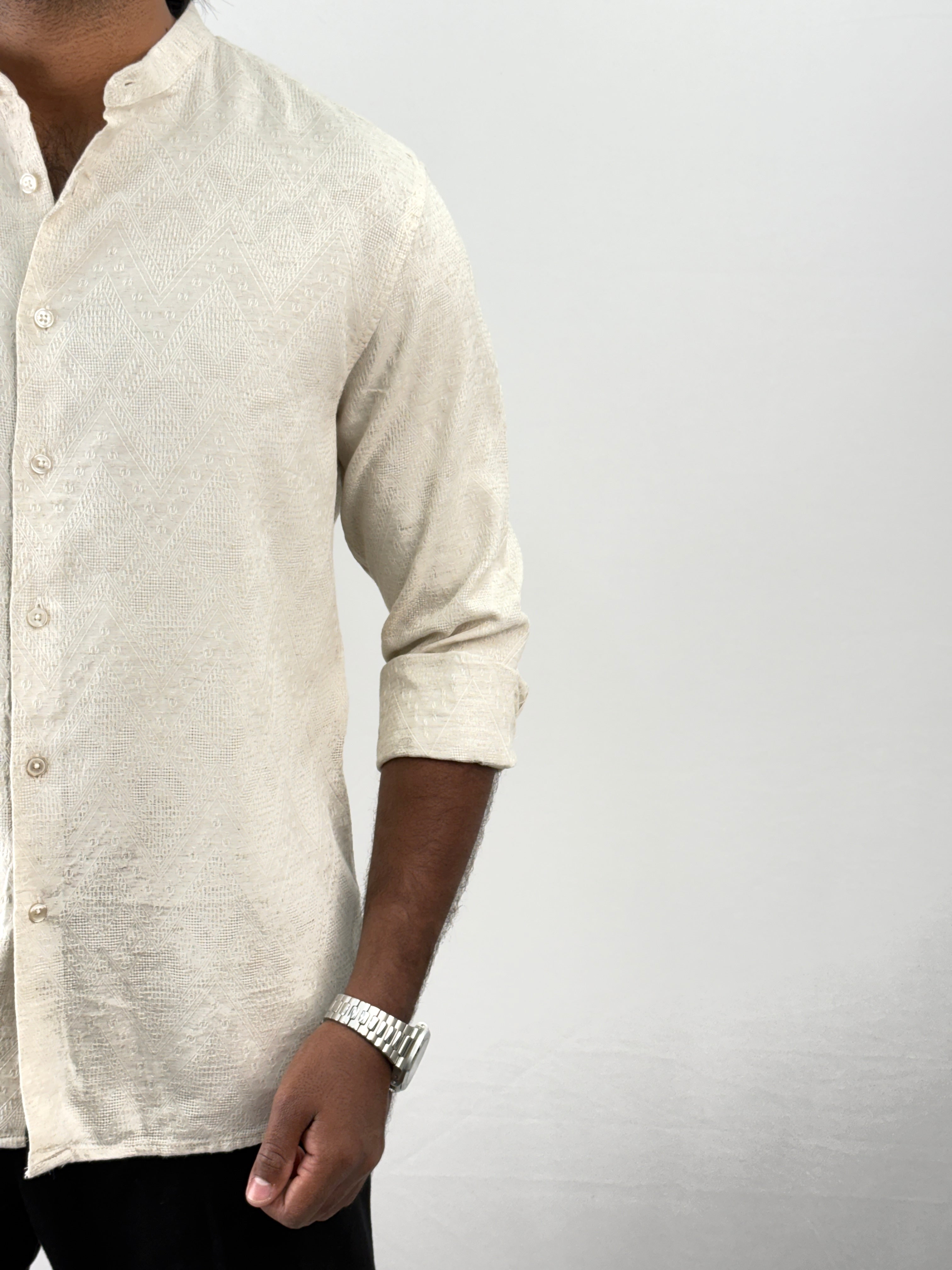 Beige Mandarin Self Textured Shirt 1