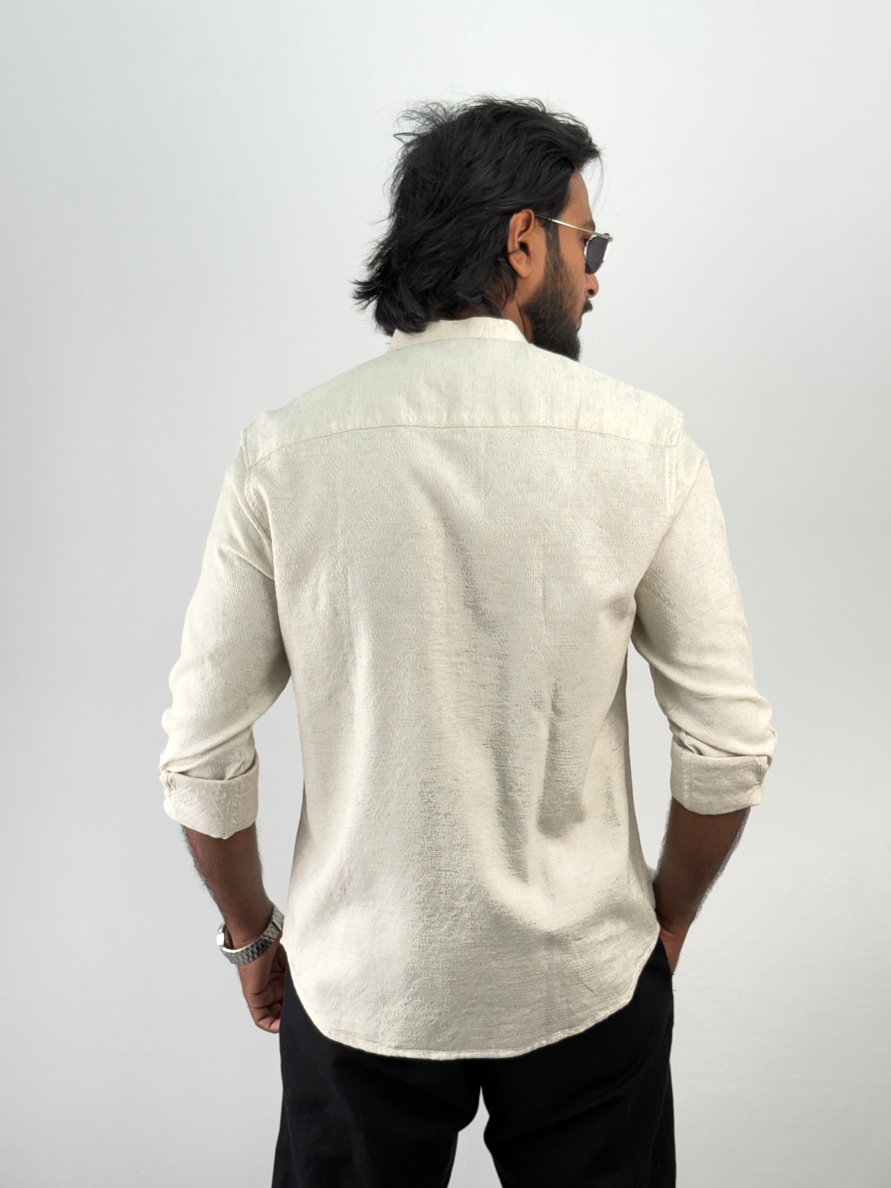 Beige Mandarin Self Textured Shirt 1