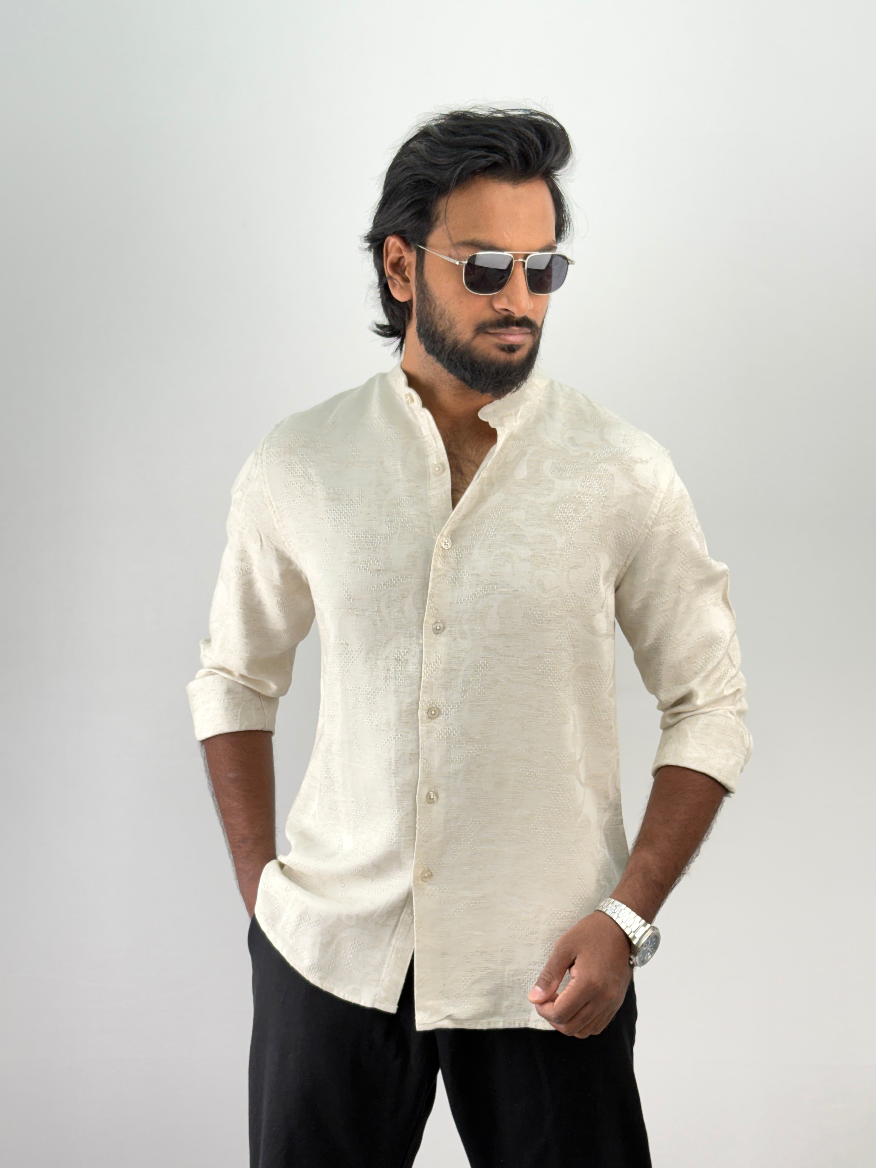 Beige Mandarin Self Textured Shirt 3