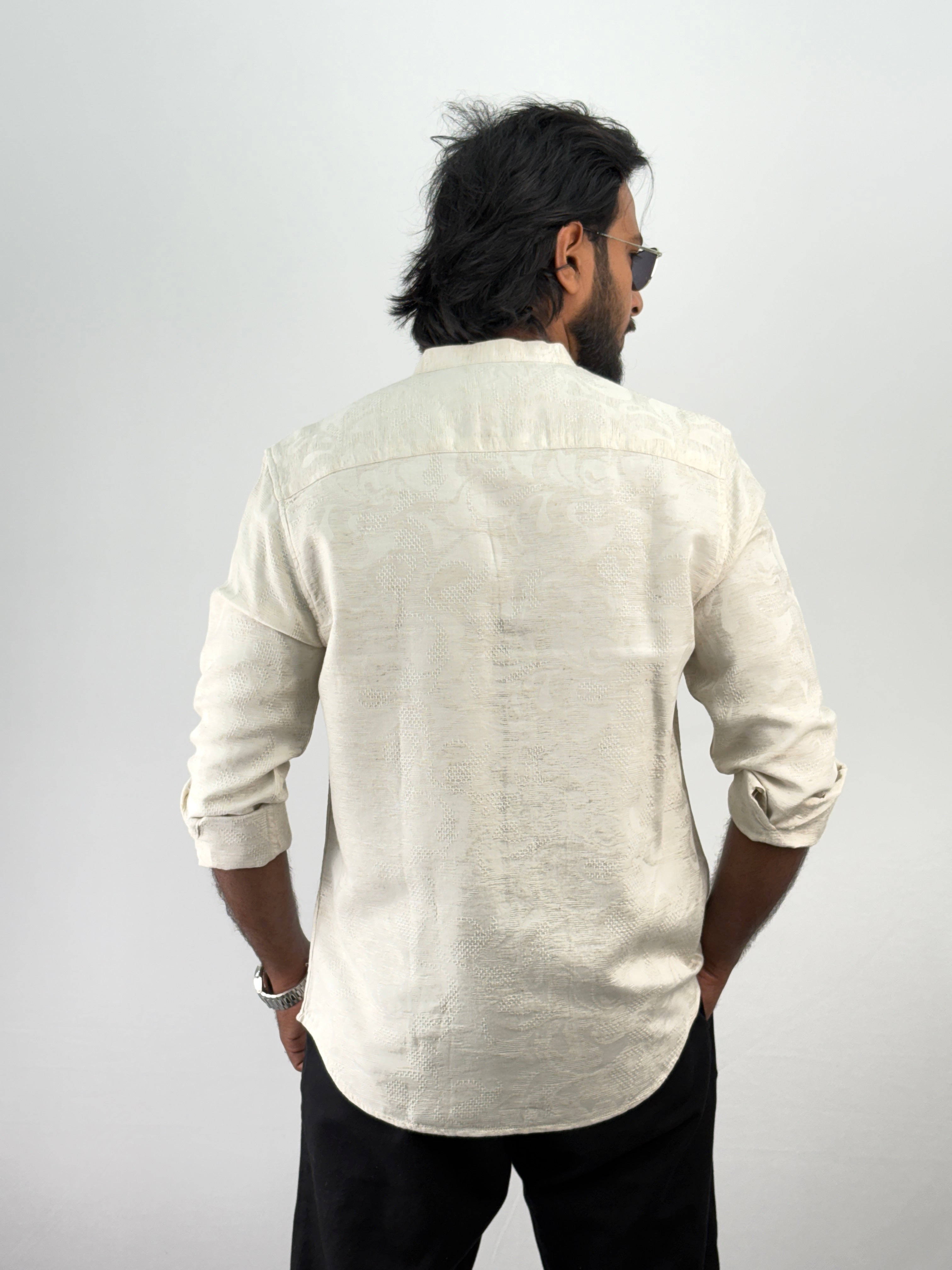 Beige Mandarin Self Textured Shirt 3