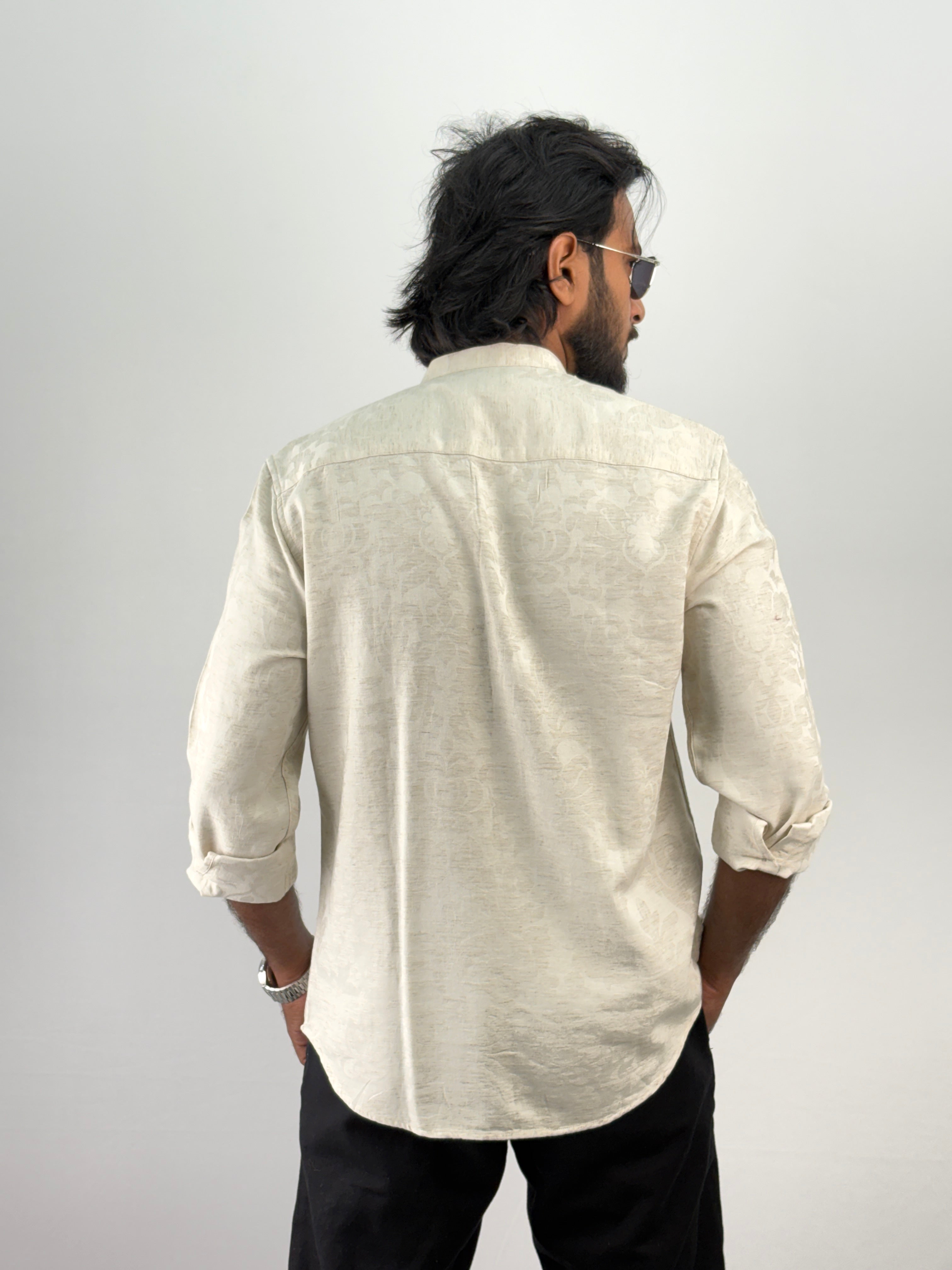 Beige Mandarin Self Textured Shirt 4