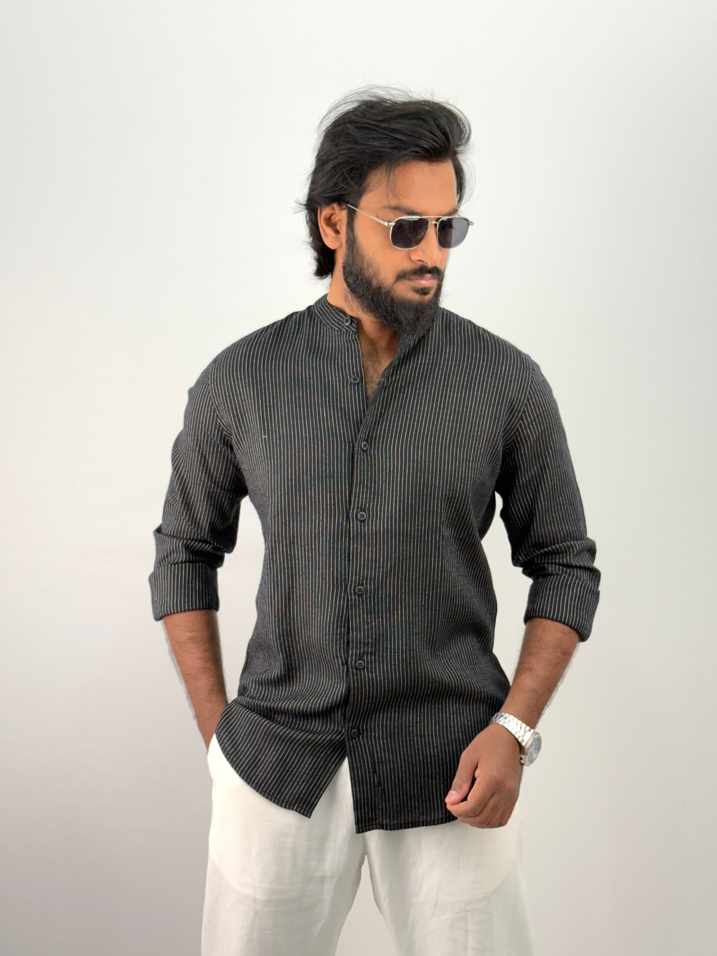 Black Mandarin Linen Stripe Shirt