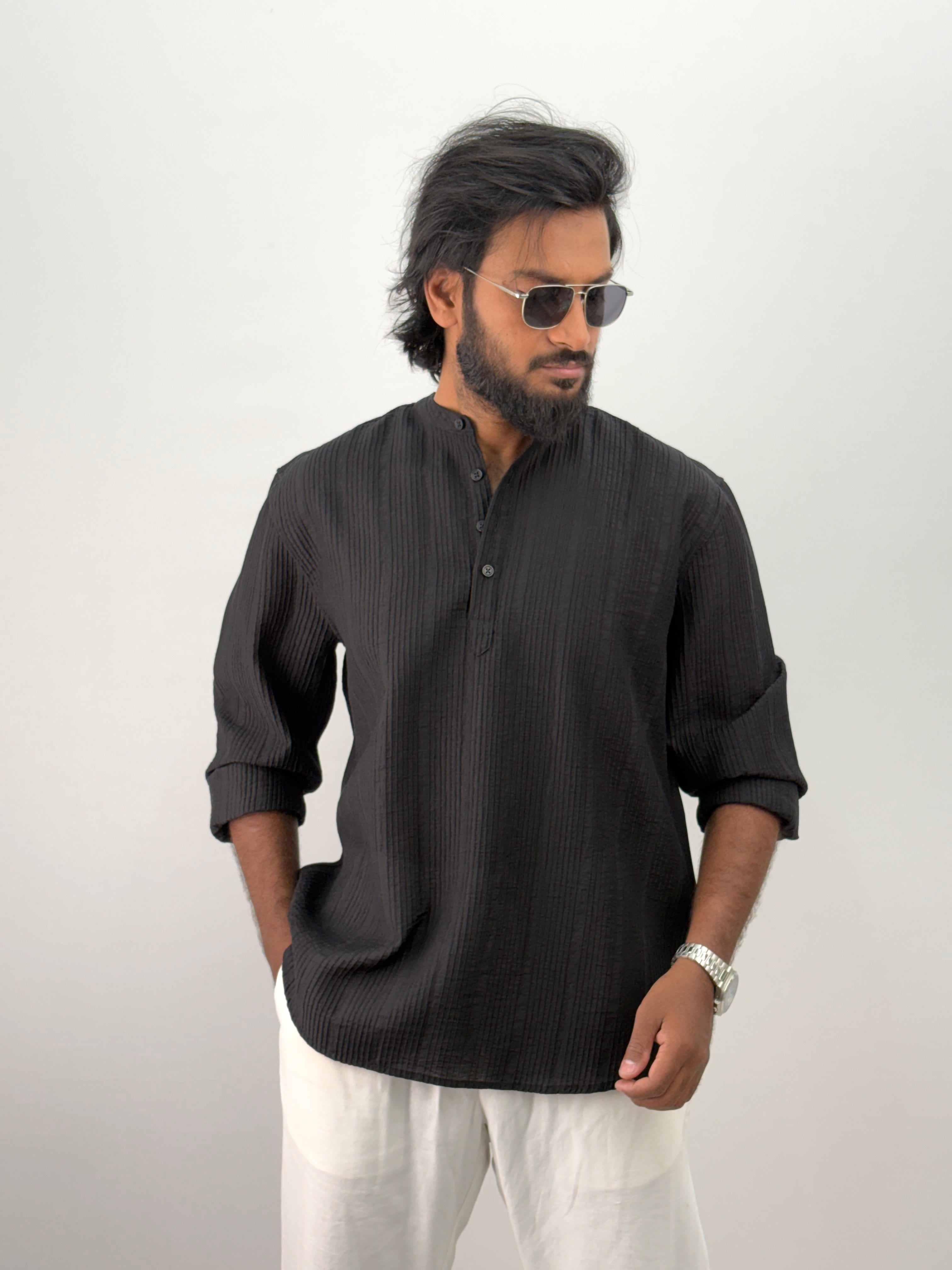 Black Textured Short Kurta