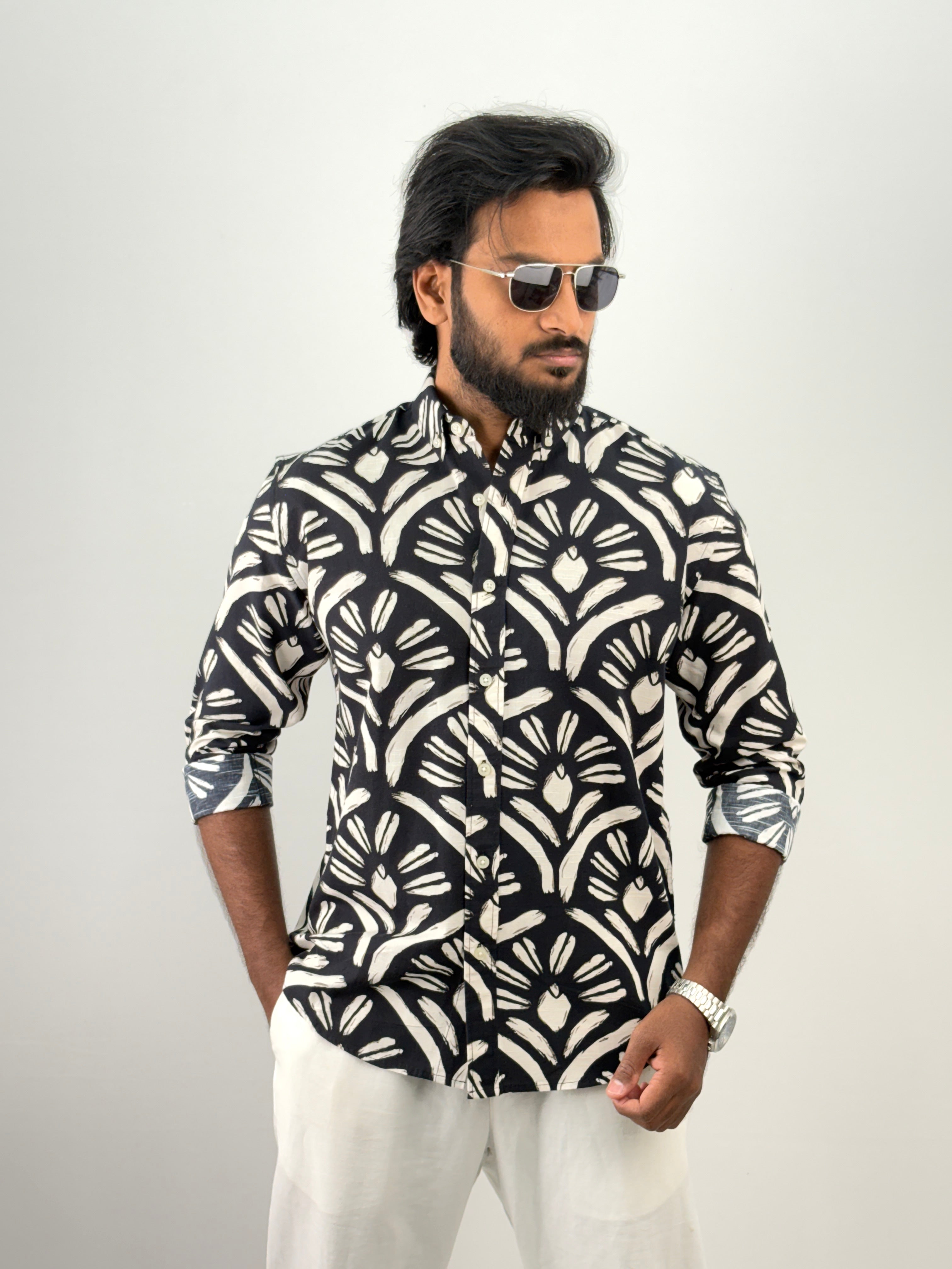 Black Linen Printed Shirt