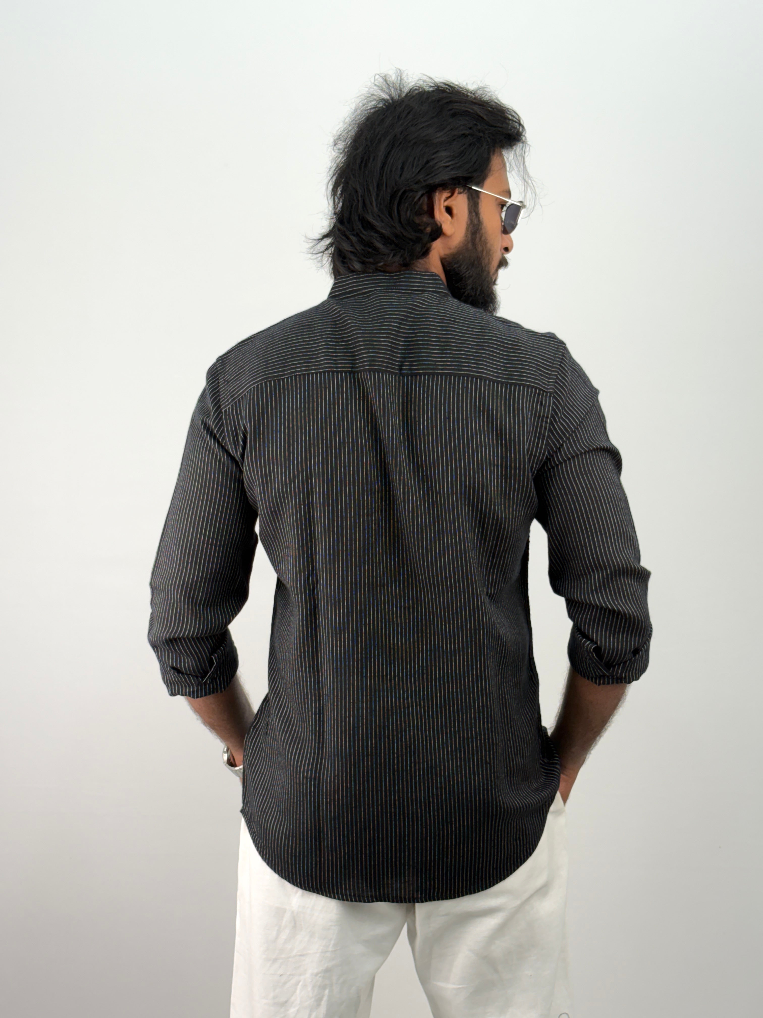 Black Mandarin Linen Stripe Shirt