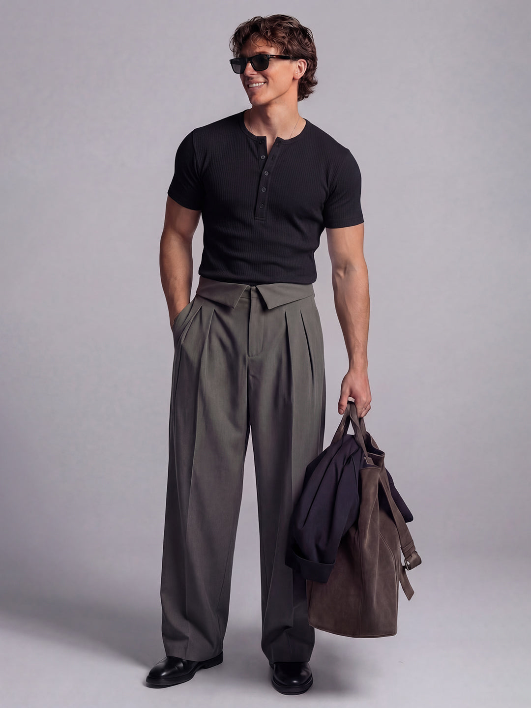 Black Ribbed Henley Short Sleeves T-Shirt