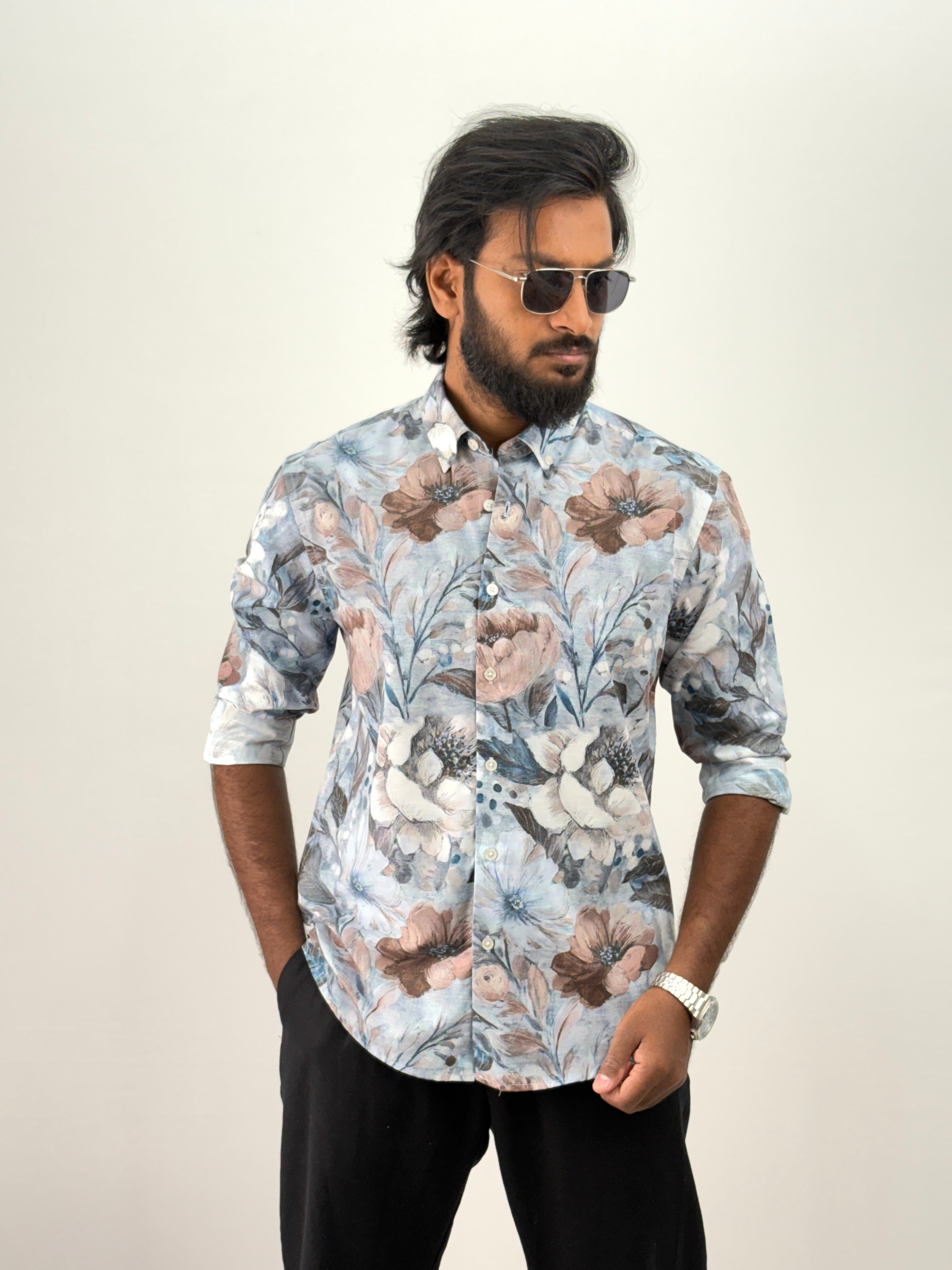 Blue Linen Printed Shirt