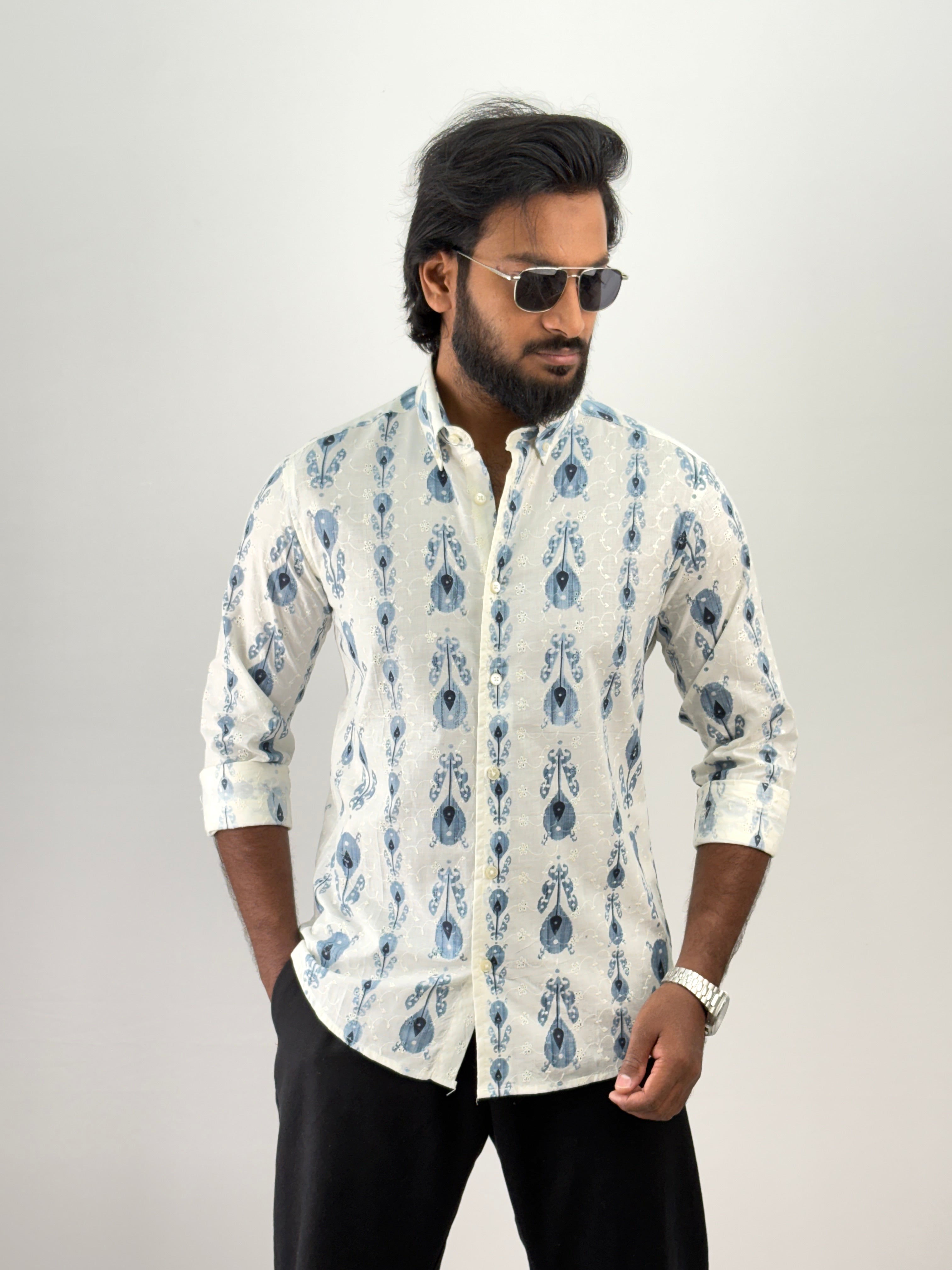 Blue Embroidery Printed Shirt