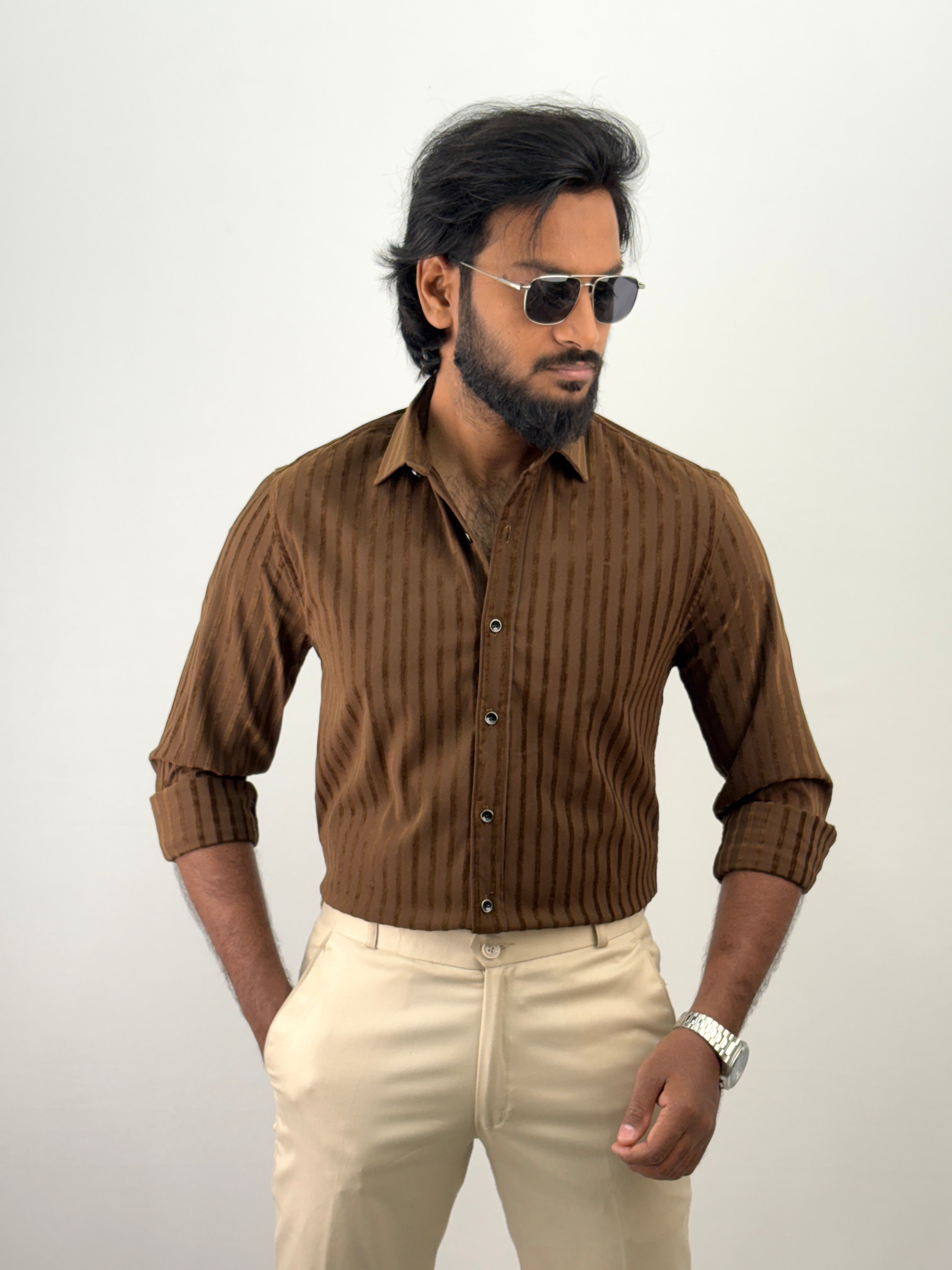 Brown Self Designer Stripe Shirt