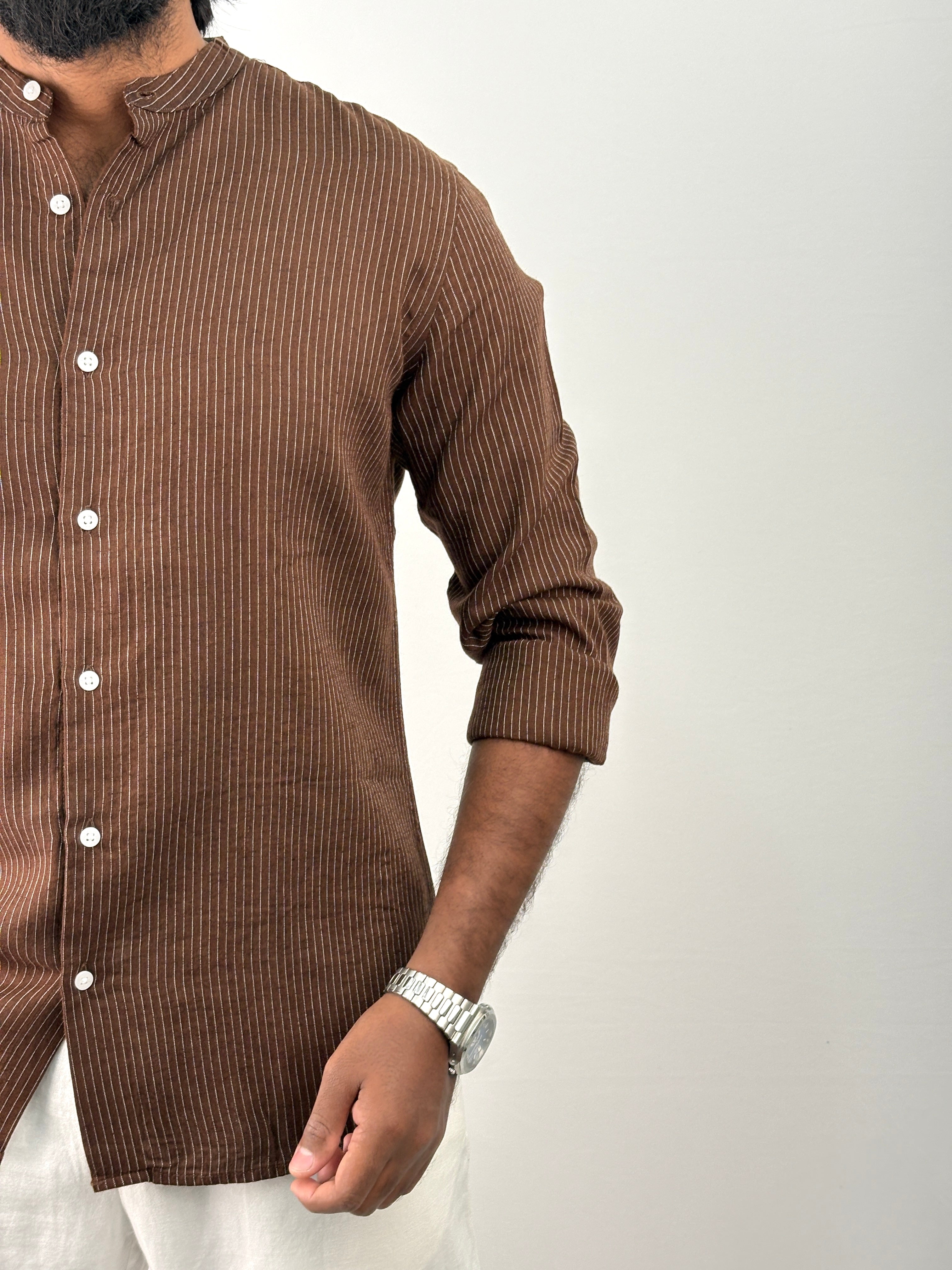 Brown Mandarin Linen Stripe Shirt