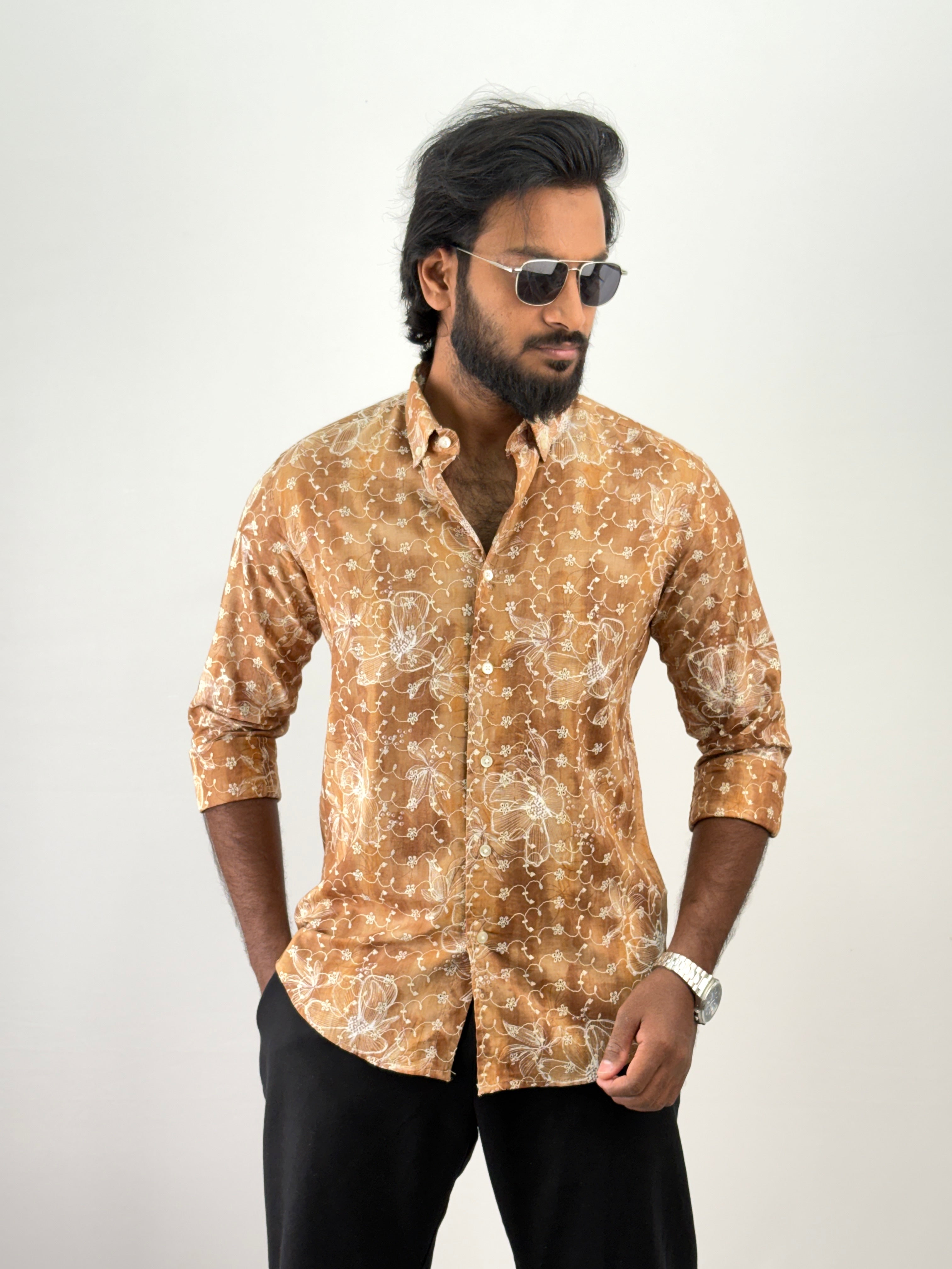 Brown Embroidery Printed Shirt