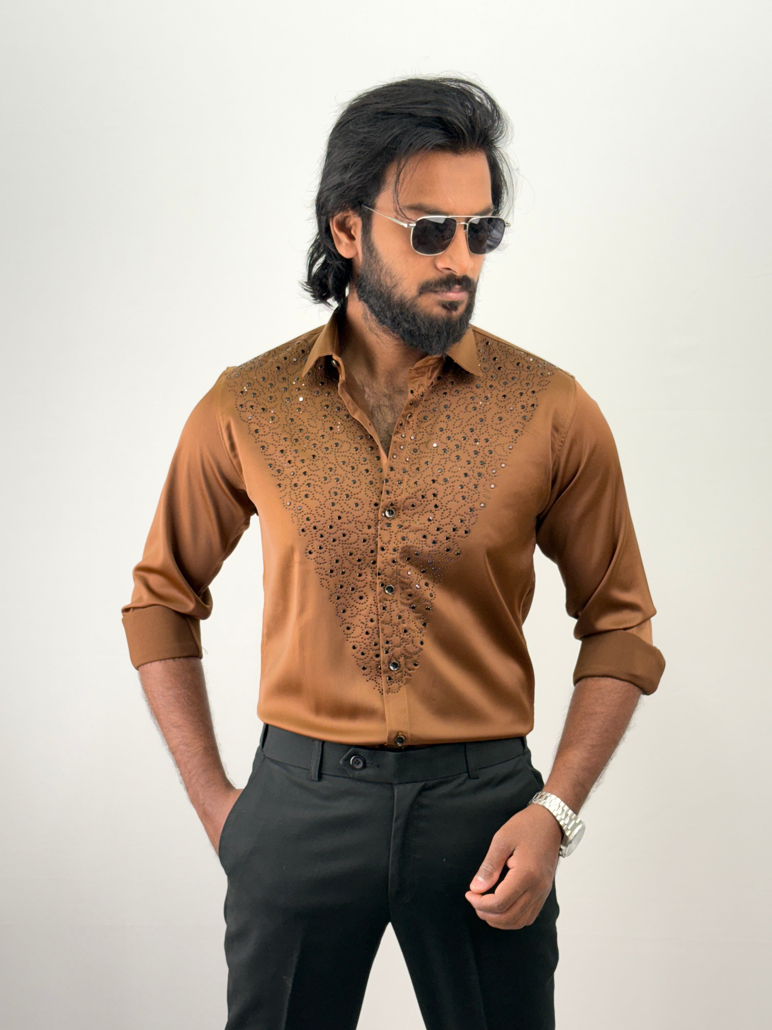 Brown Designer Stone Work Shirt 9