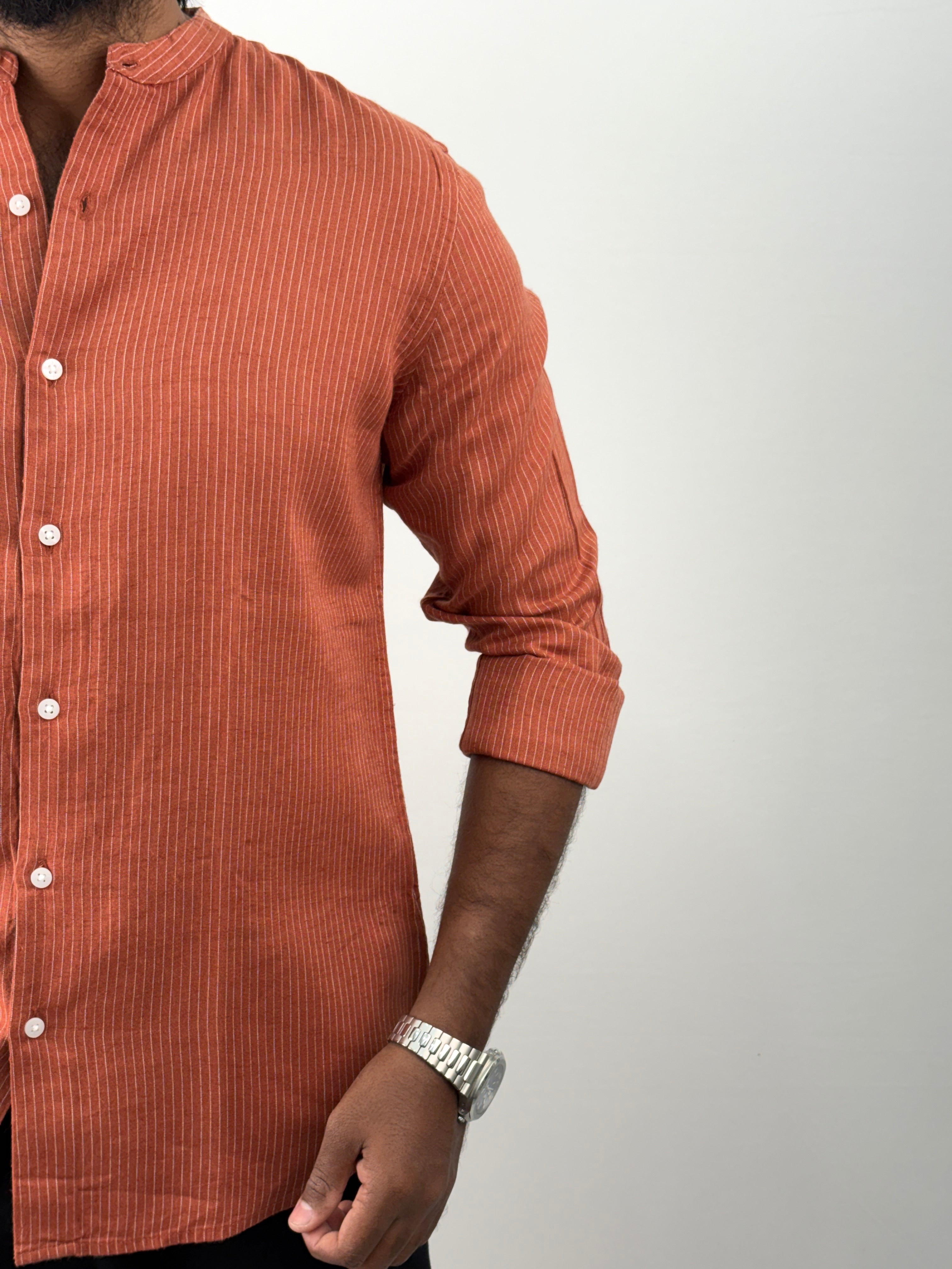 Cherry Mandarin Linen Stripe Shirt