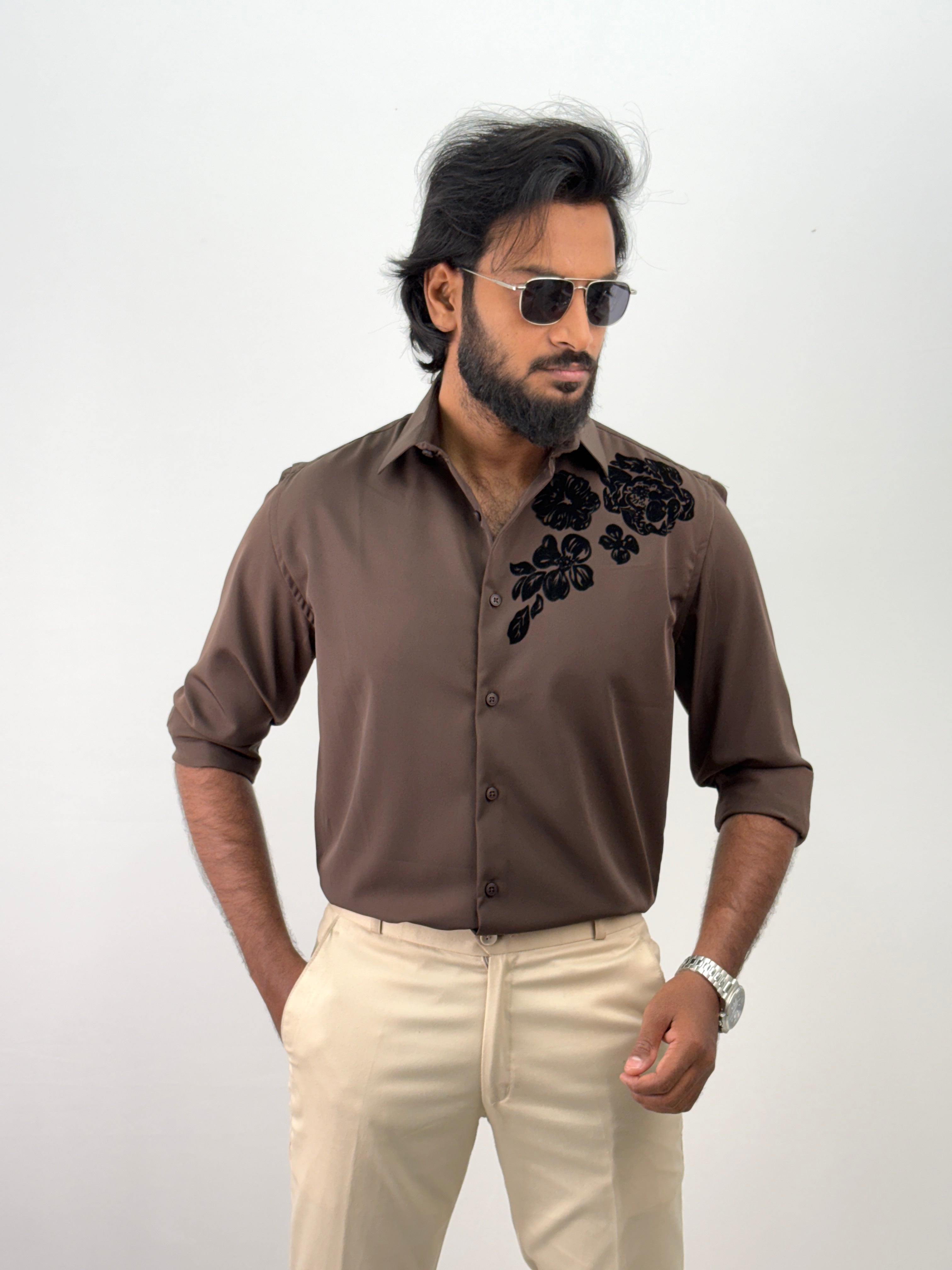 Coffee Brown Flock IMP Printed Shirt