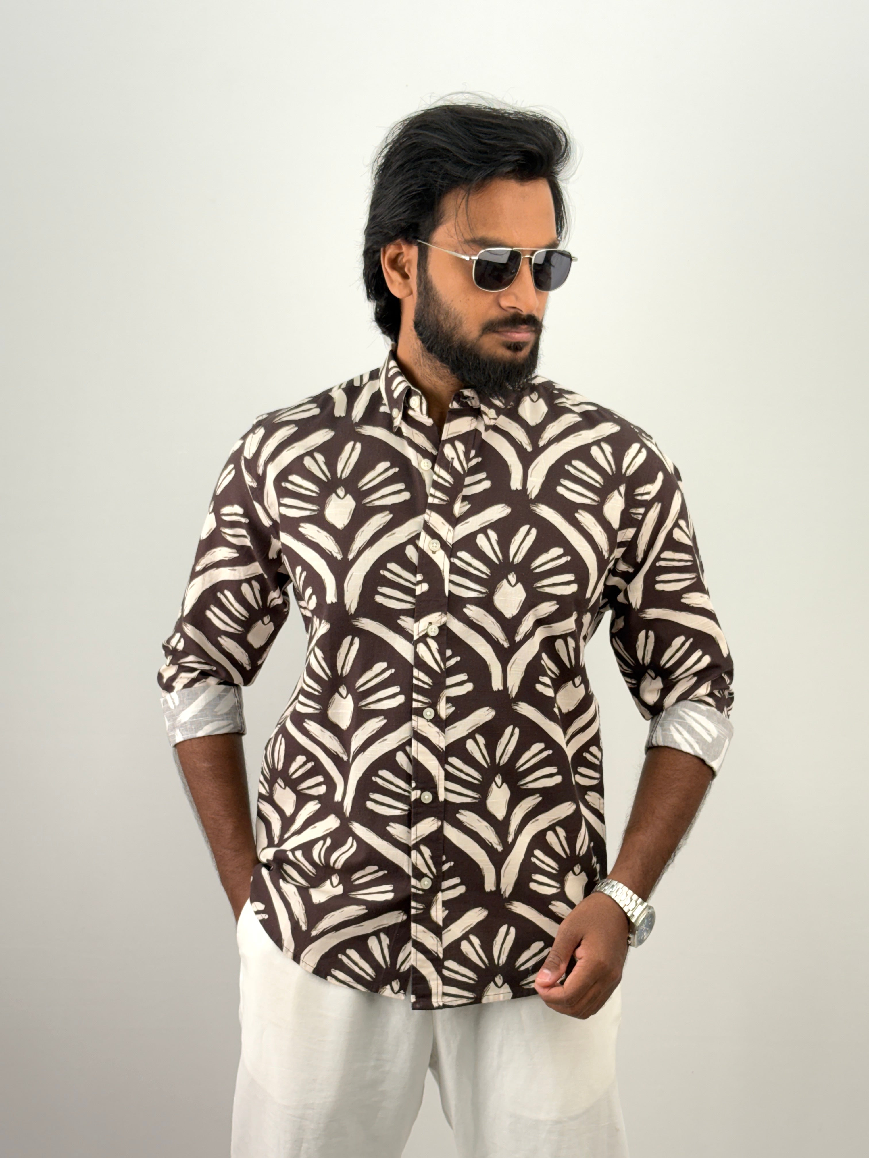 Coffee Brown Linen Printed Shirt
