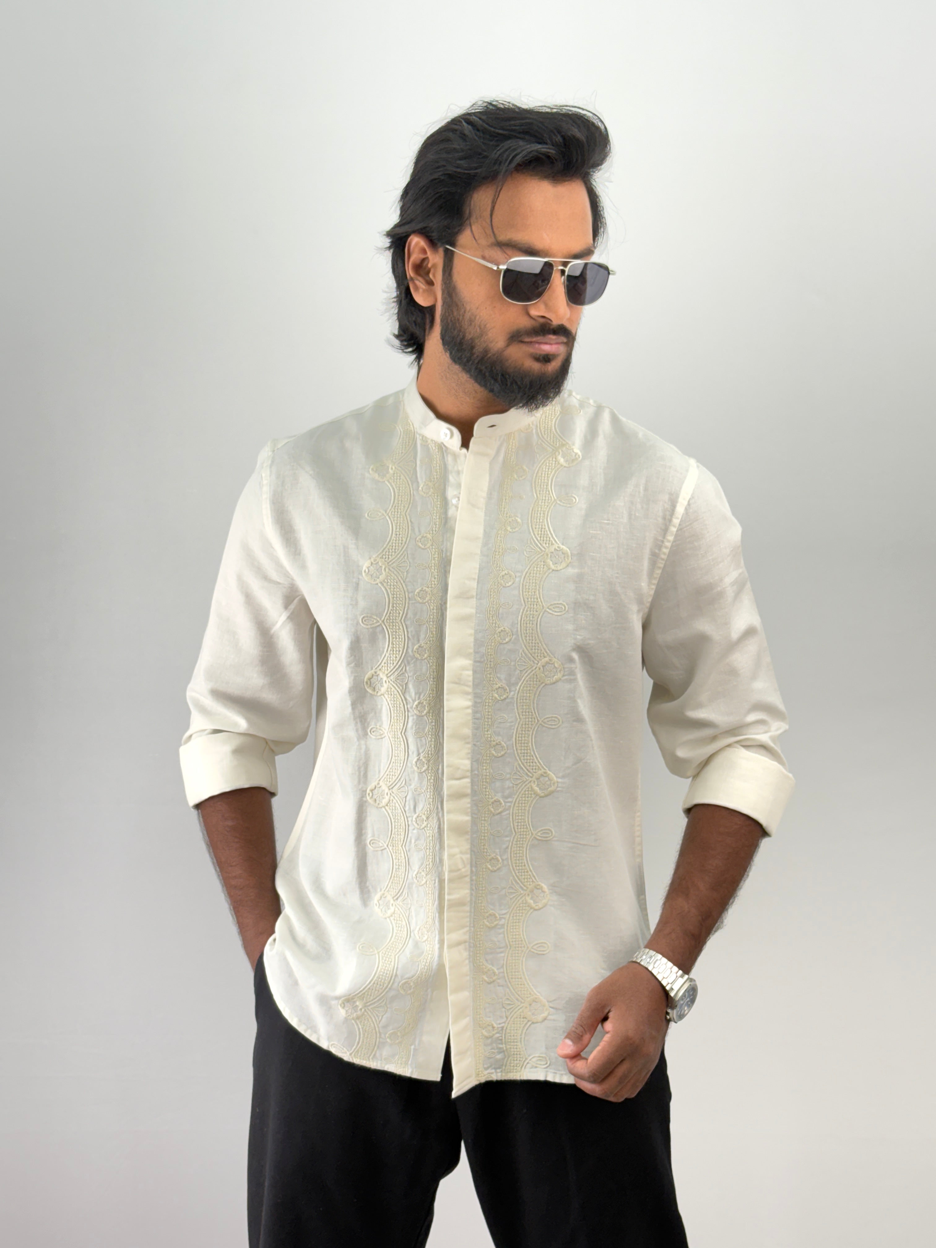 Cream Linen Mandarin Embroidery Shirt