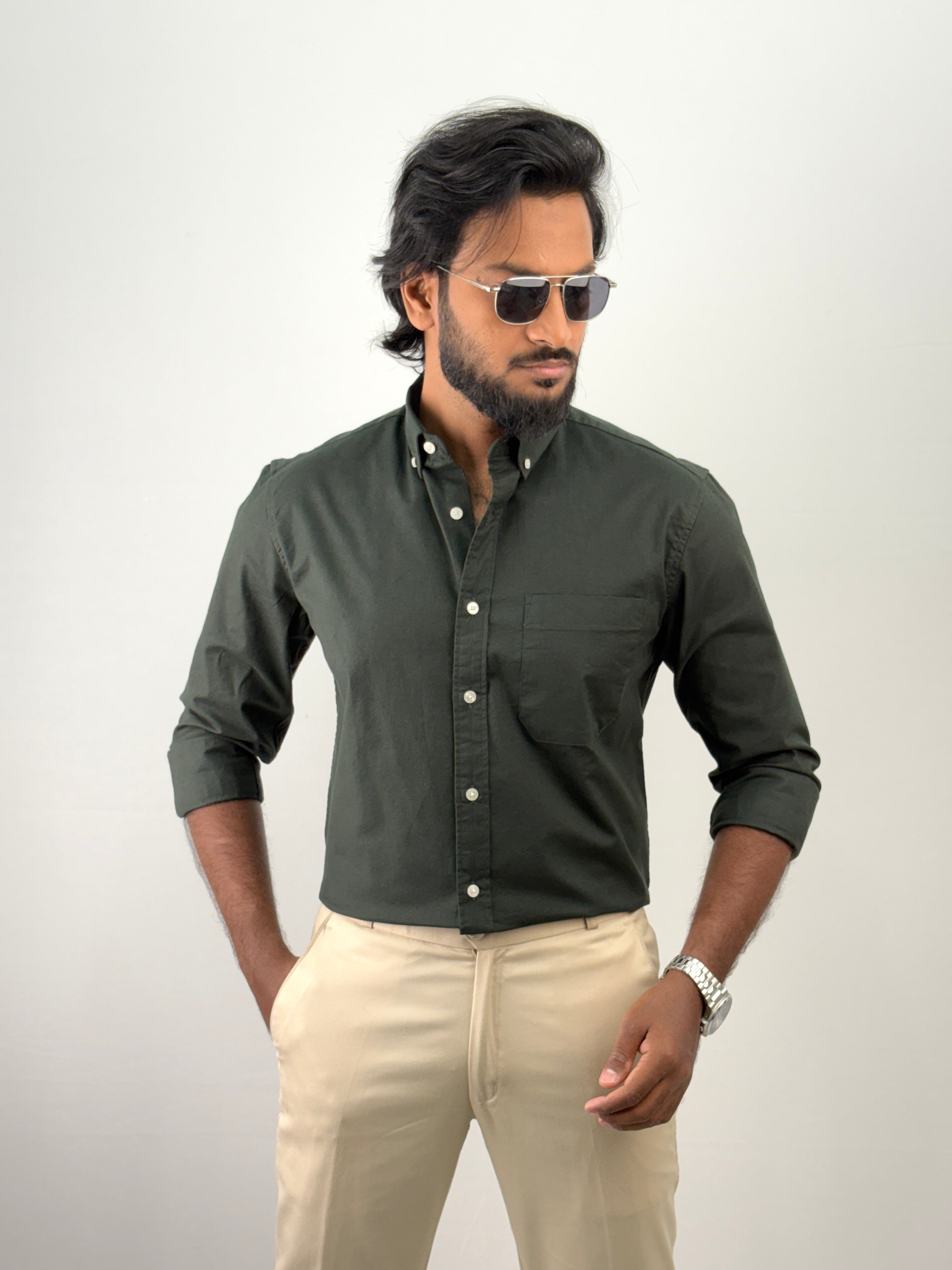 Dark Green Plain Oxford Shirt 4