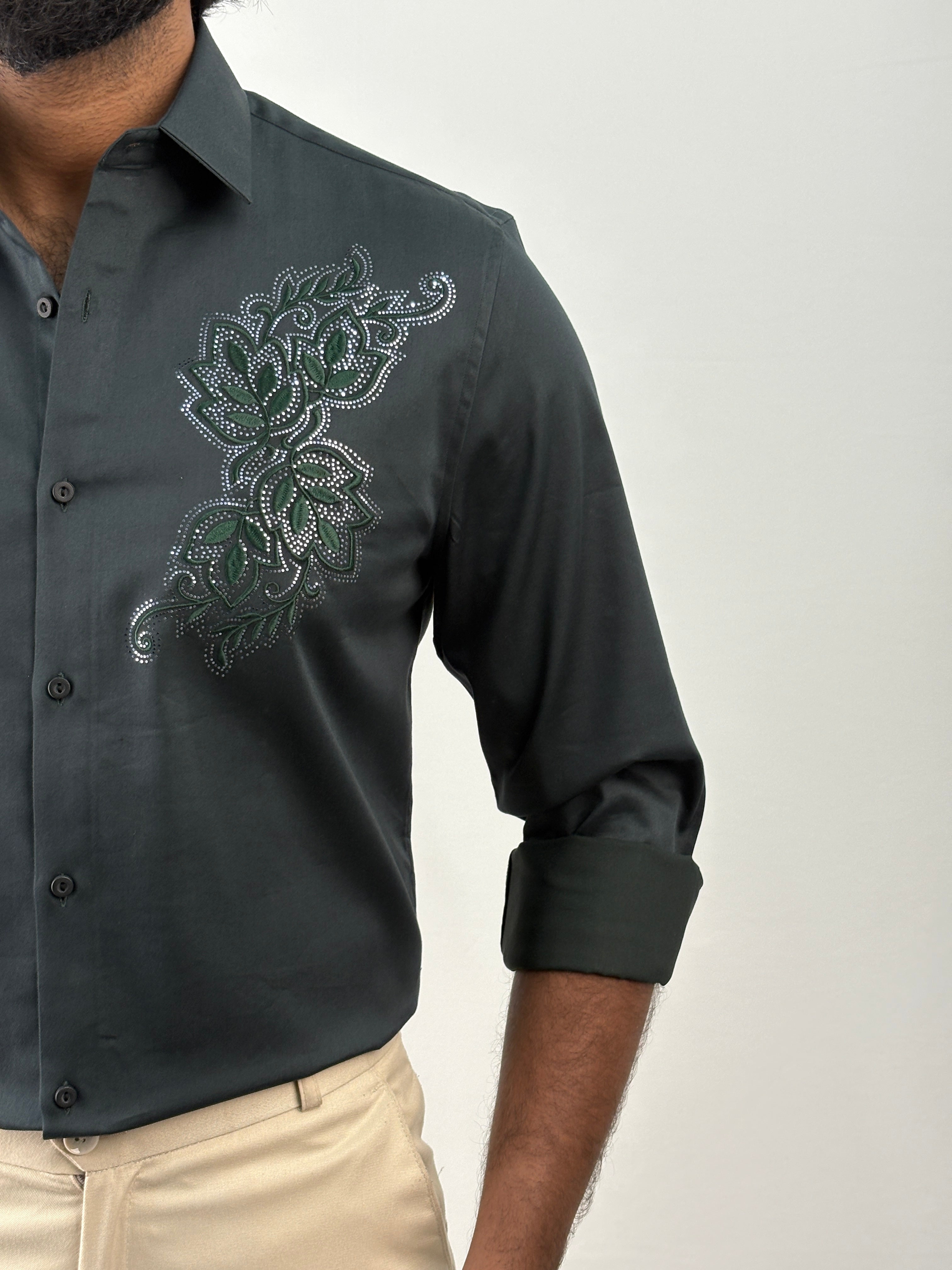 Dark Green Designer Embroidery Stone Work Shirt 1