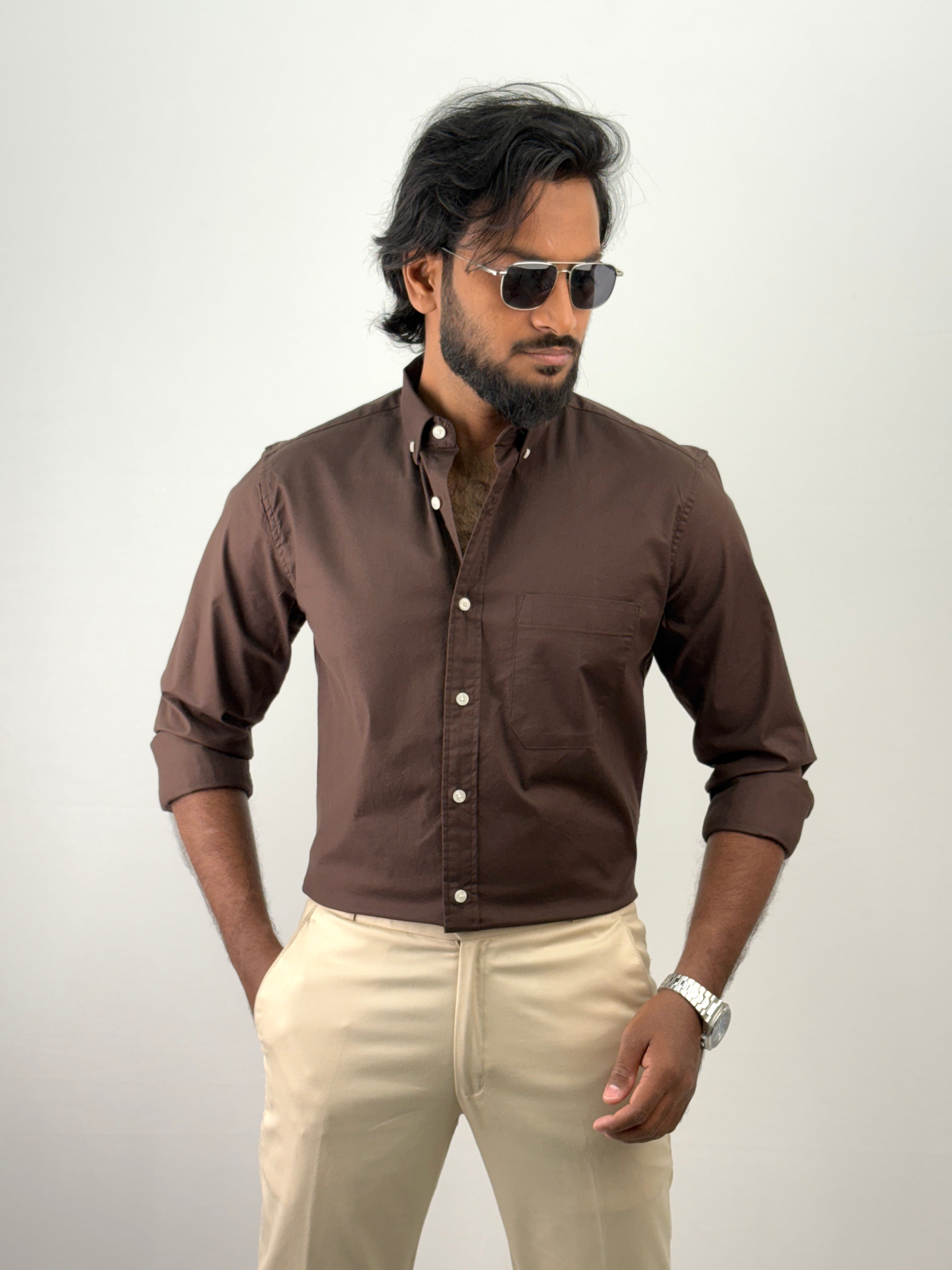 Dark Brown Plain Oxford Shirt 4