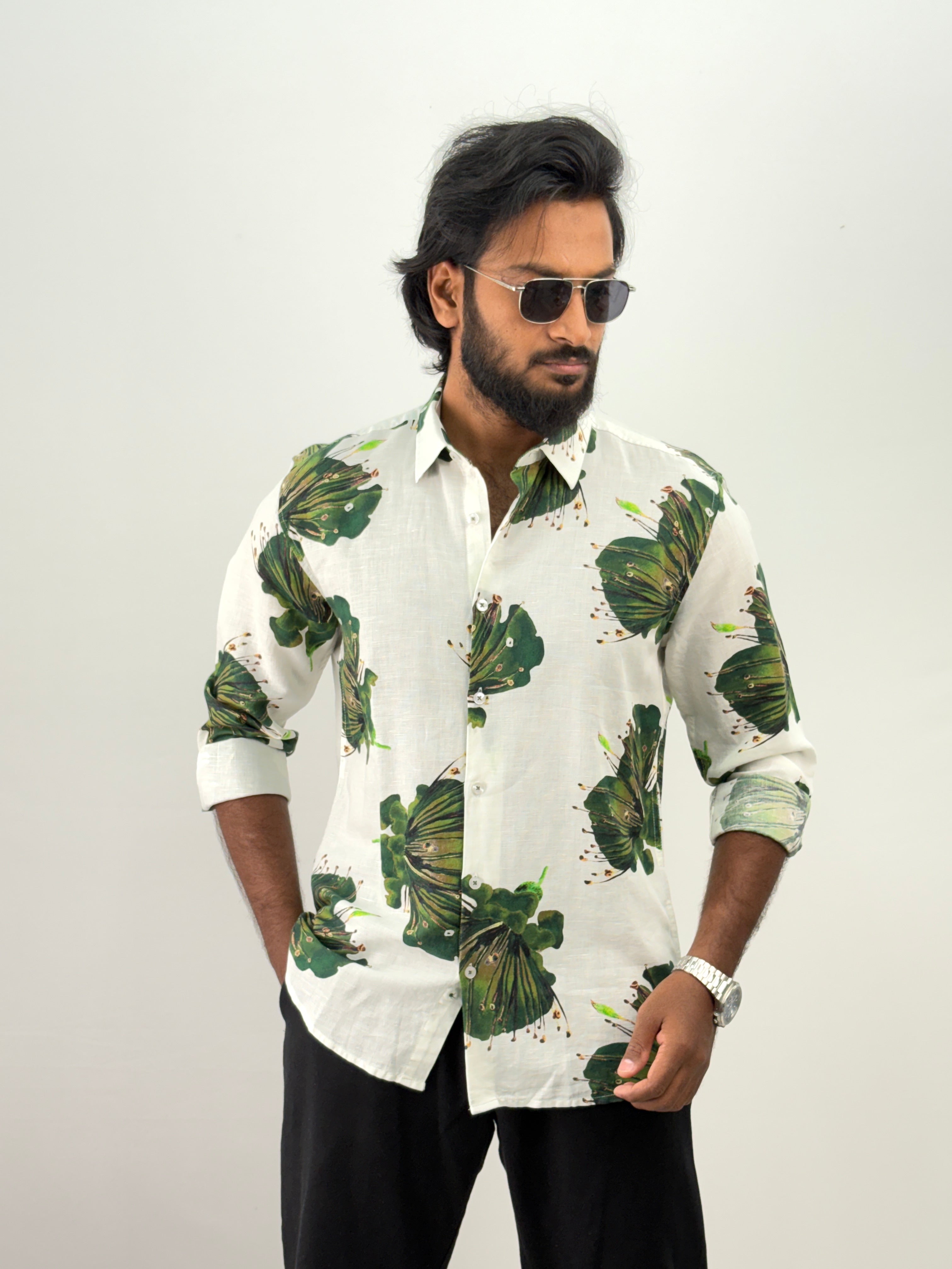 Green Linen Printed Shirt