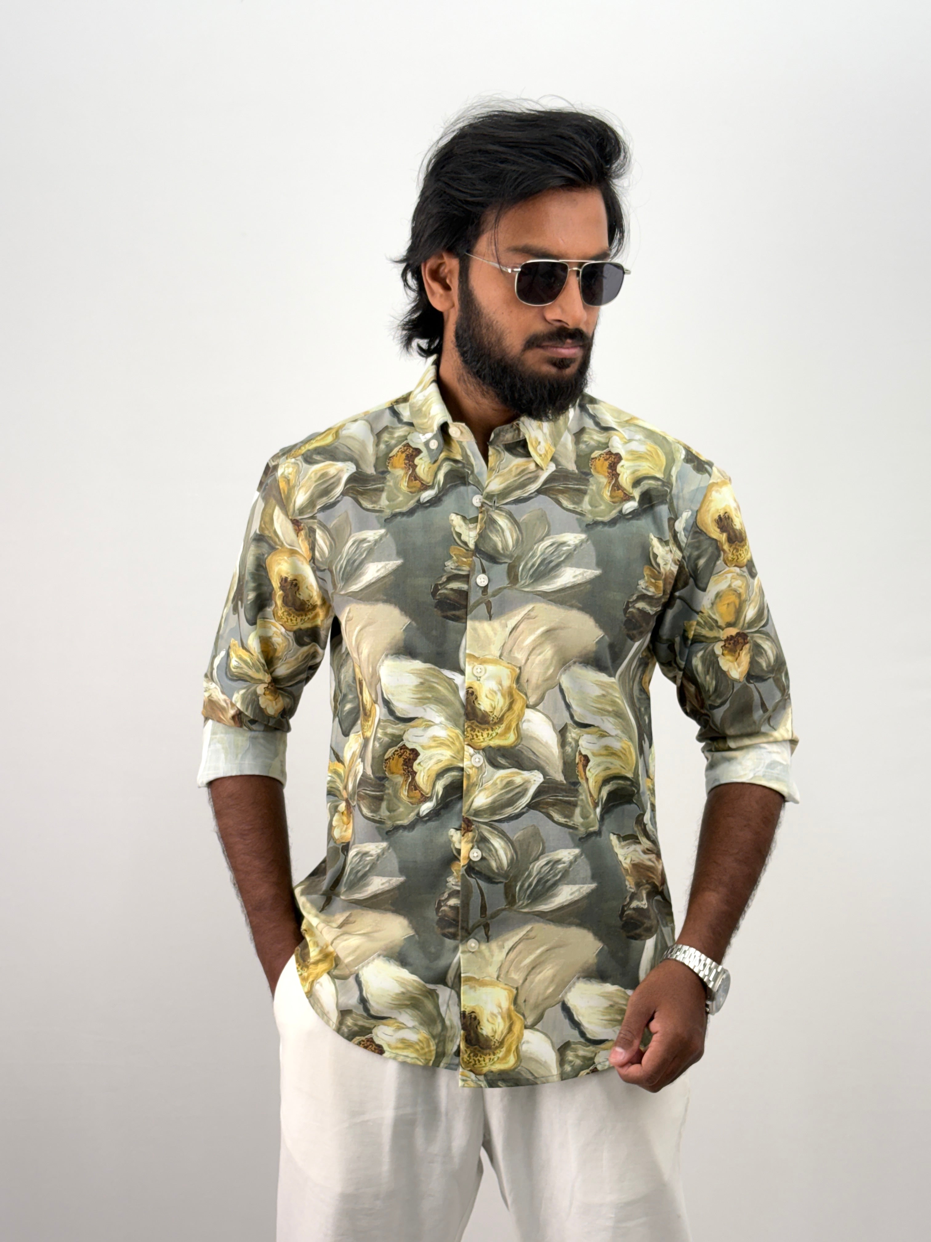 Green Linen Printed Shirt