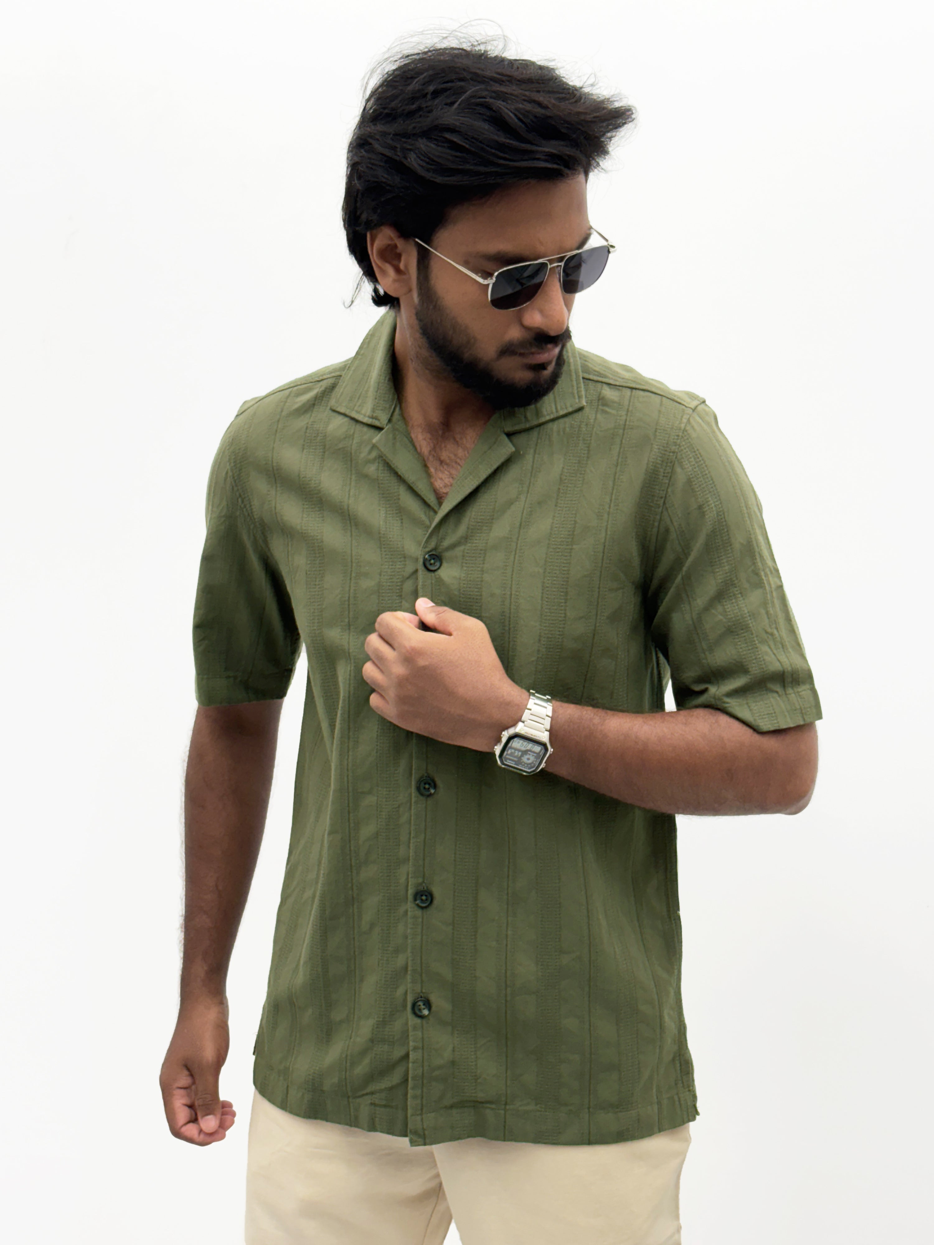 Olive Half Sleeve Textured Shirt