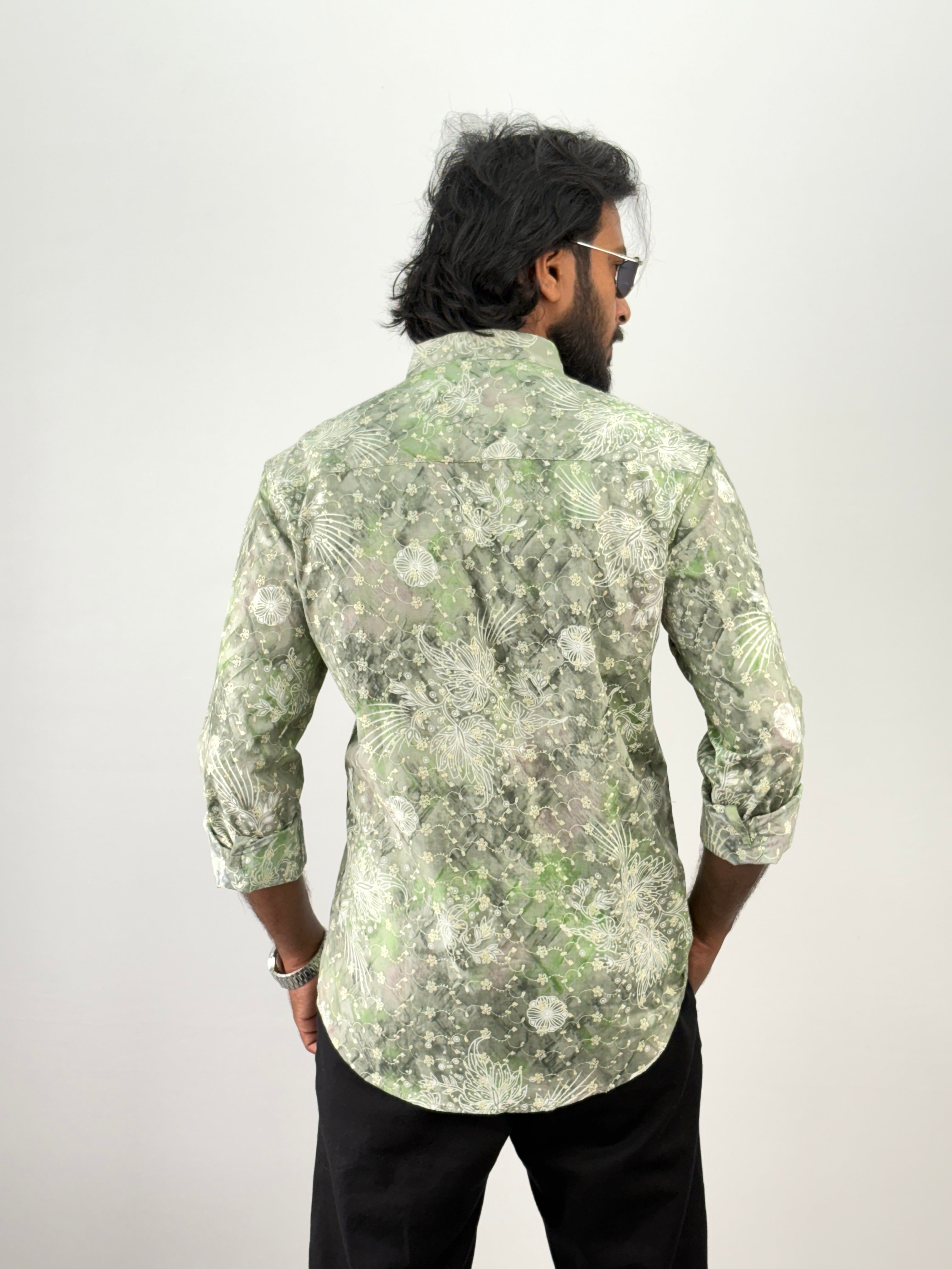 Green Embroidery Printed Shirt