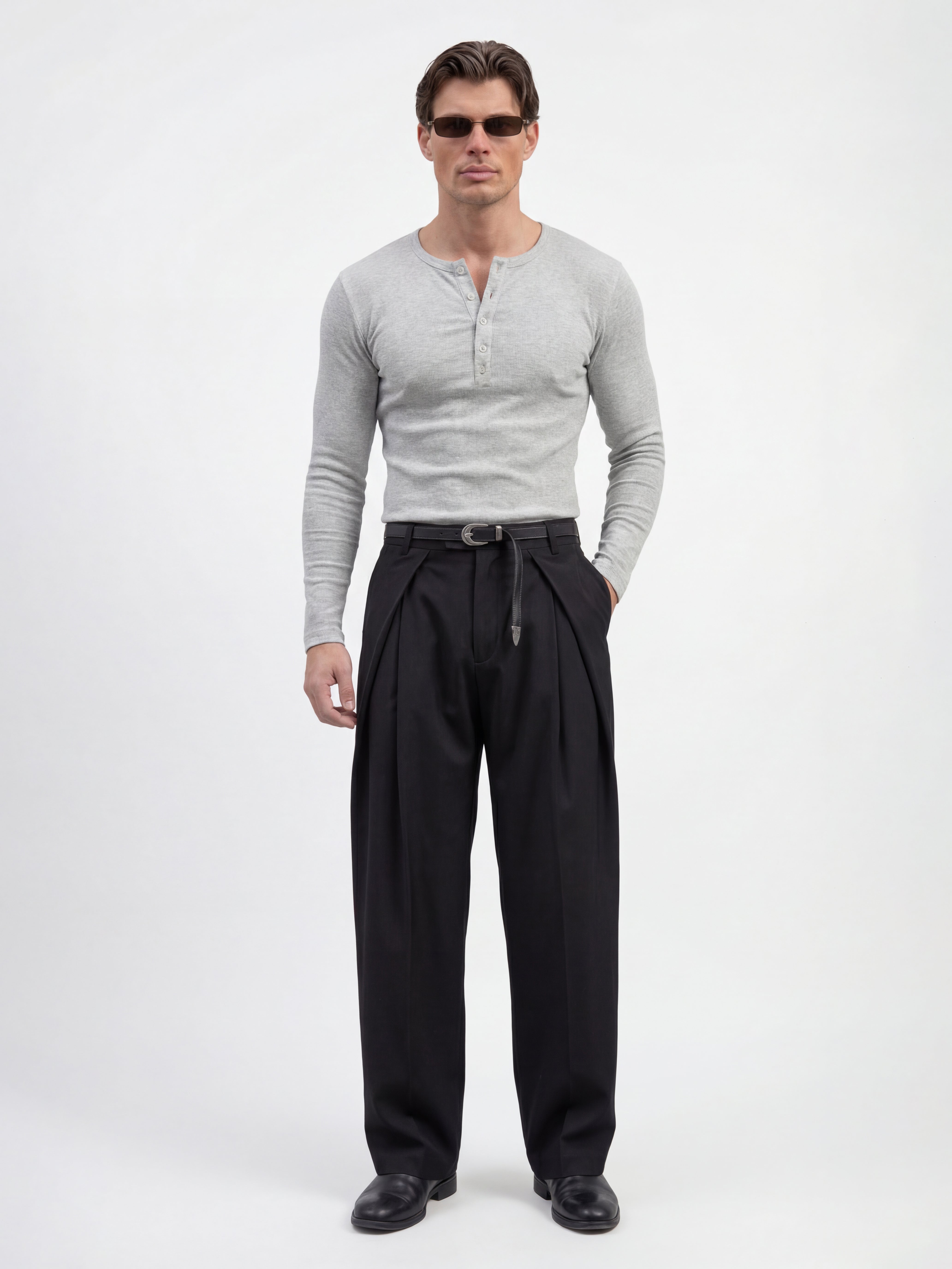 Grey Ribbed Henley Long Sleeve T-Shirt