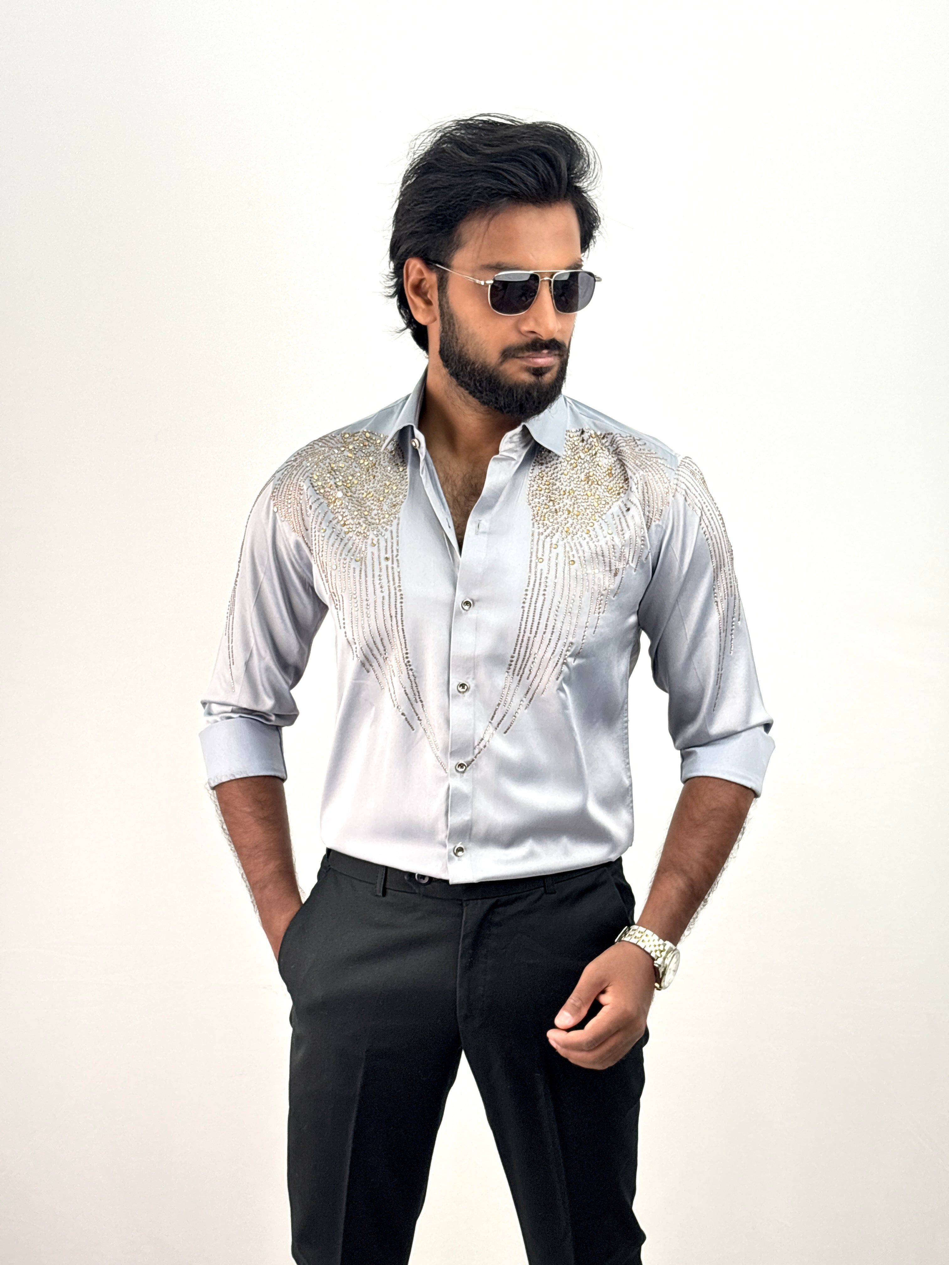 Grey Designer Stone Work Shirt 19