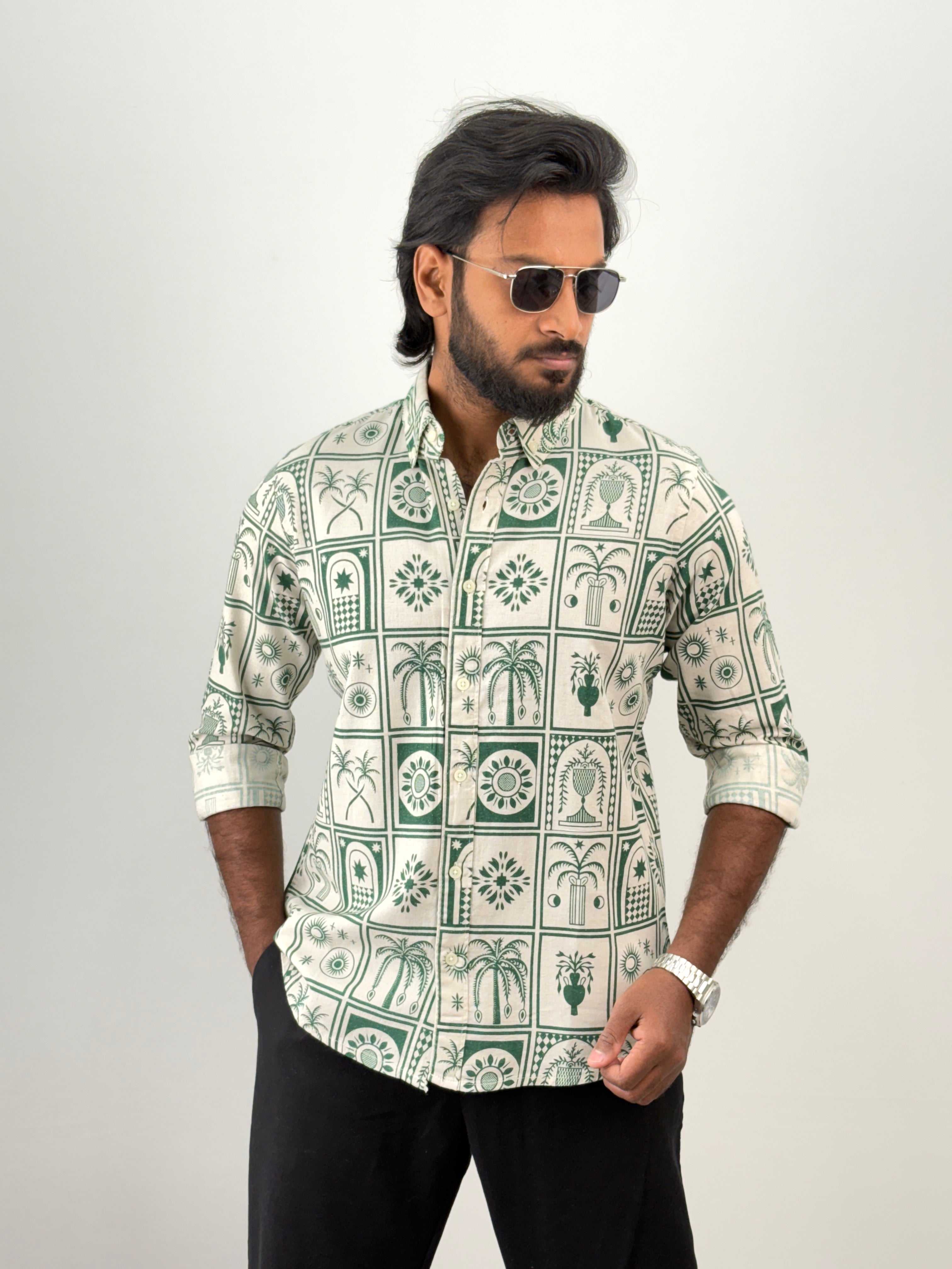 Green Linen Printed Shirt