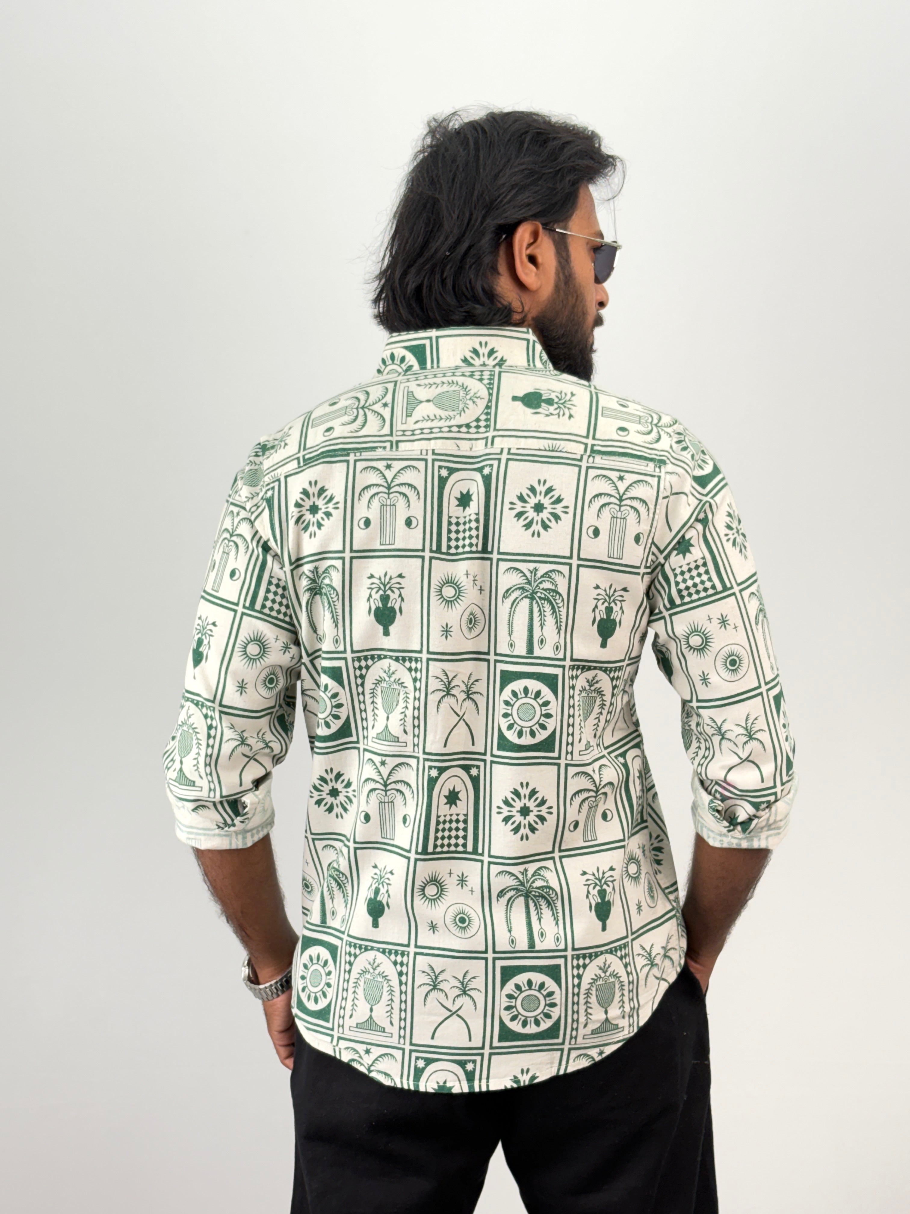 Green Linen Printed Shirt