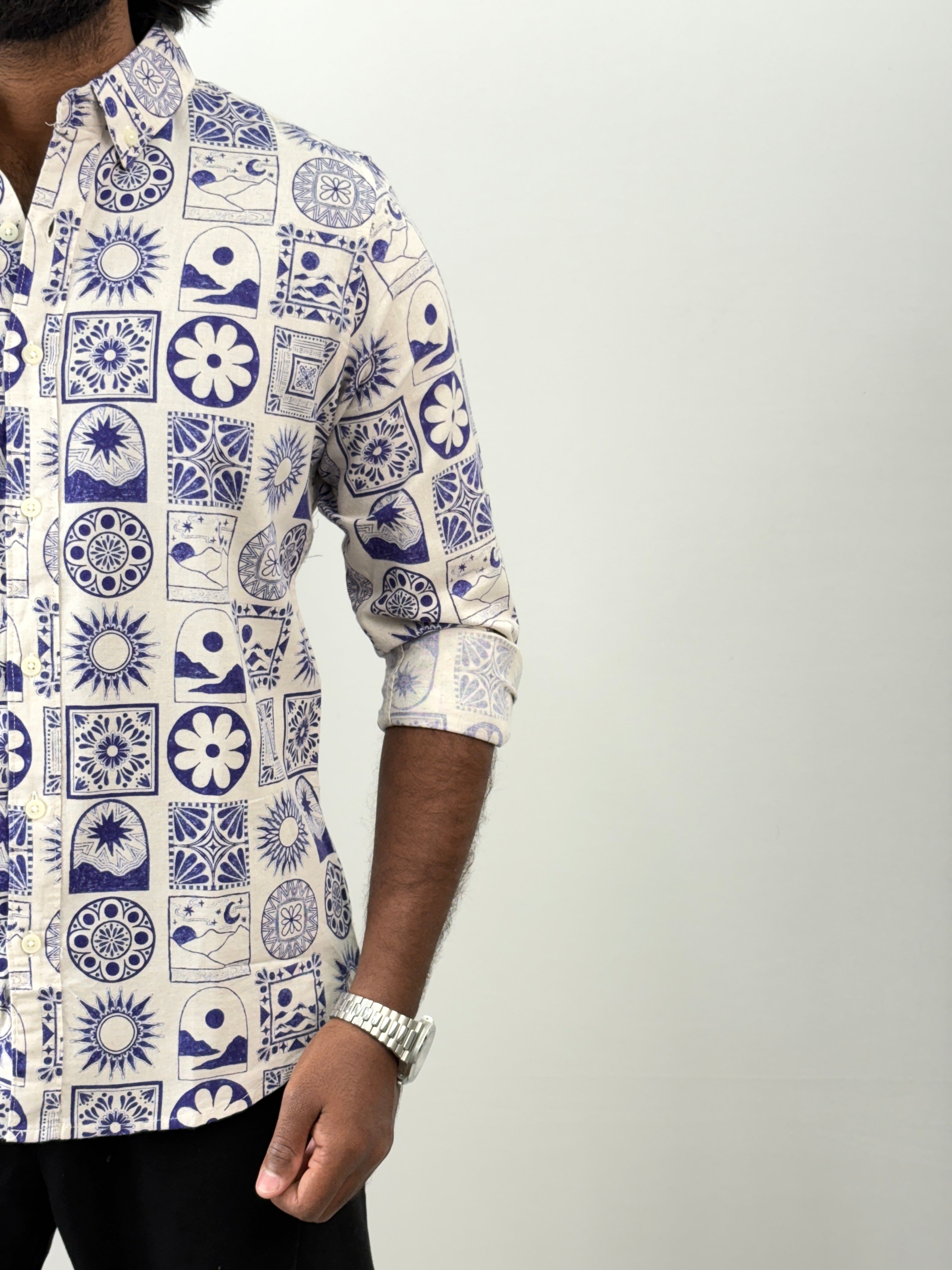 Blue Linen Printed Shirt