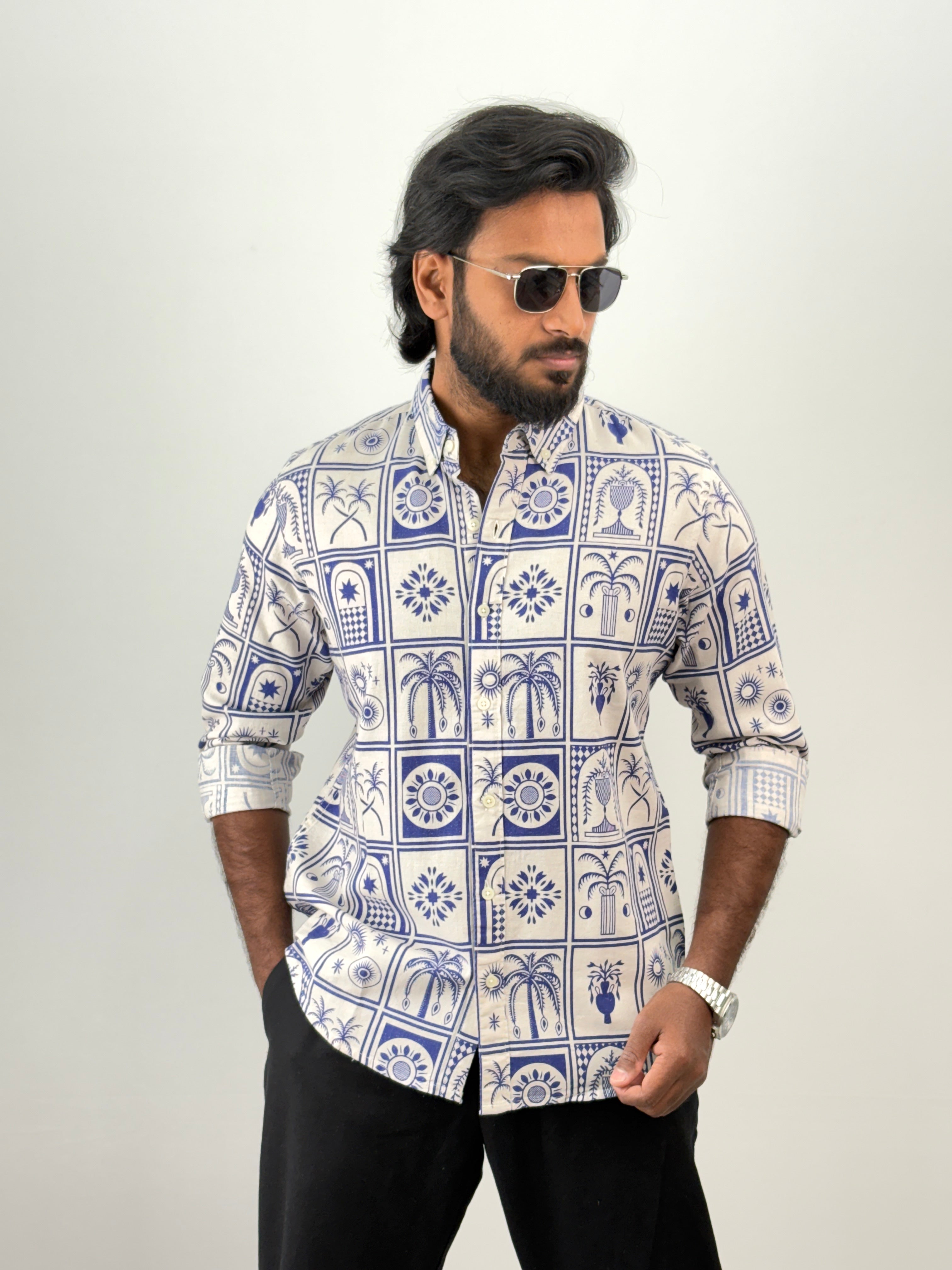 Navy Linen Printed Shirt