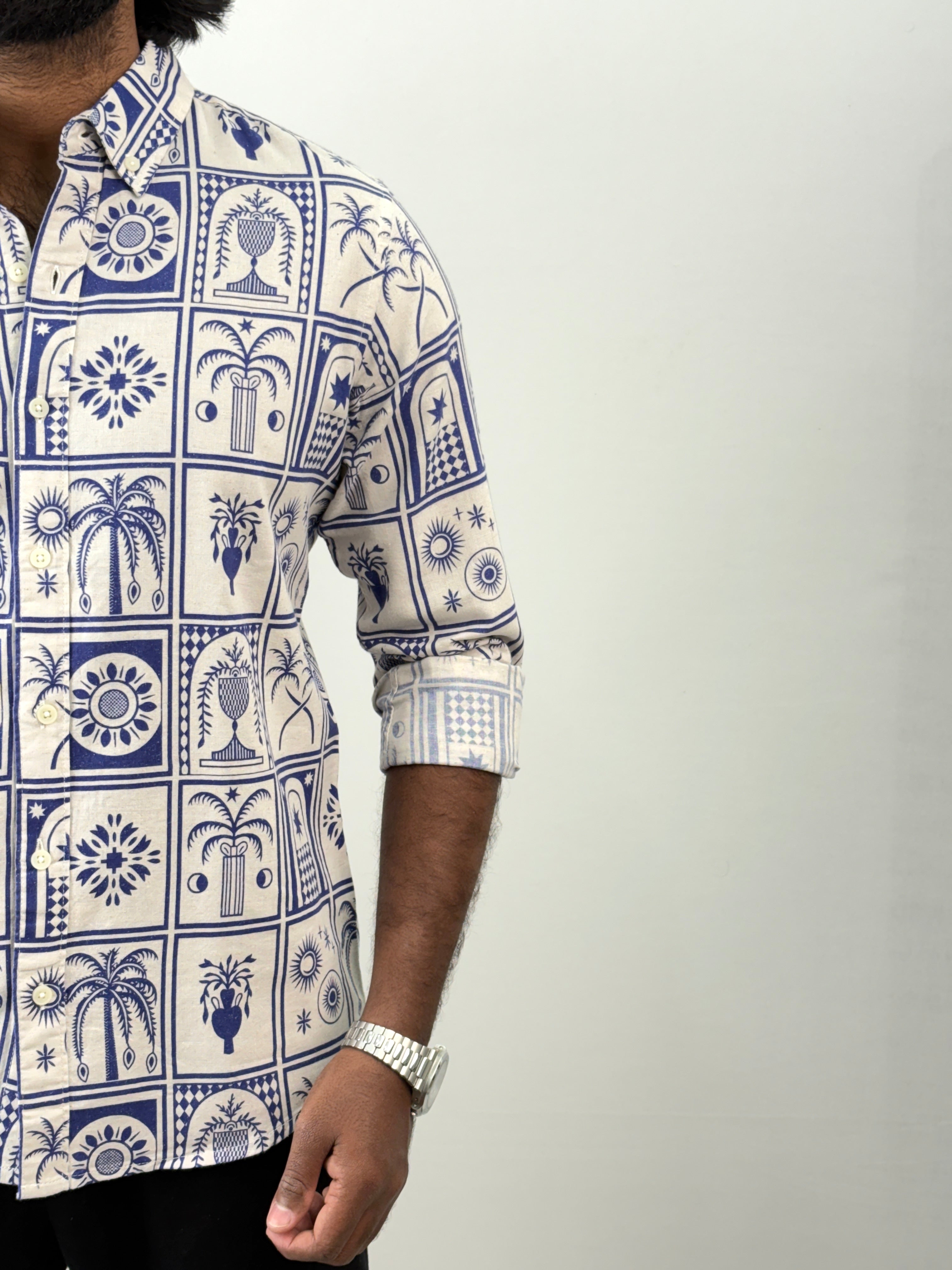 Navy Linen Printed Shirt